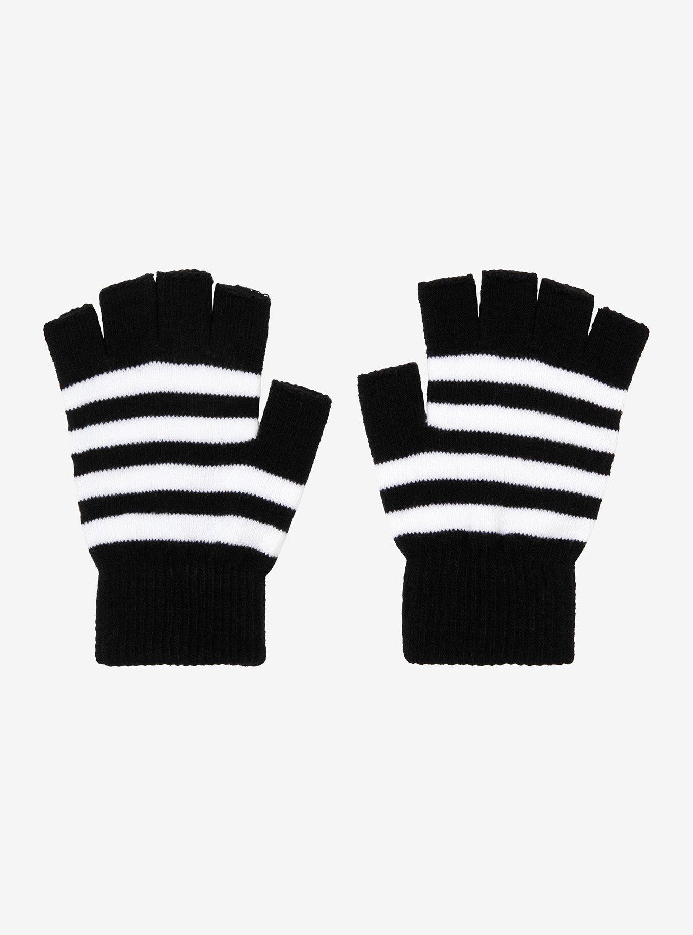 Black & White Stripe Fingerless Gloves, , hi-res
