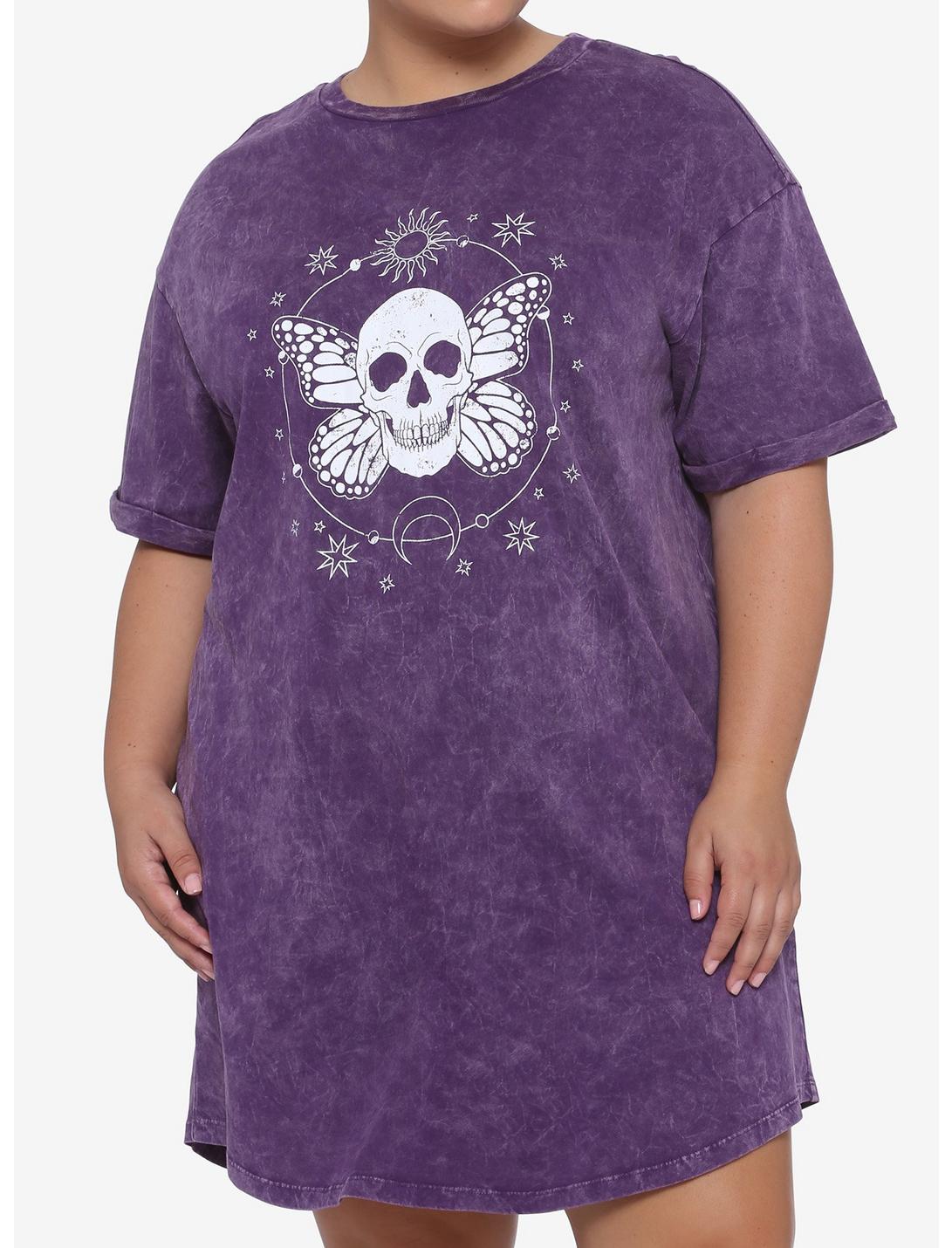 Butterfly Skull Purple Washed T-Shirt Dress Plus Size, MULTI, hi-res