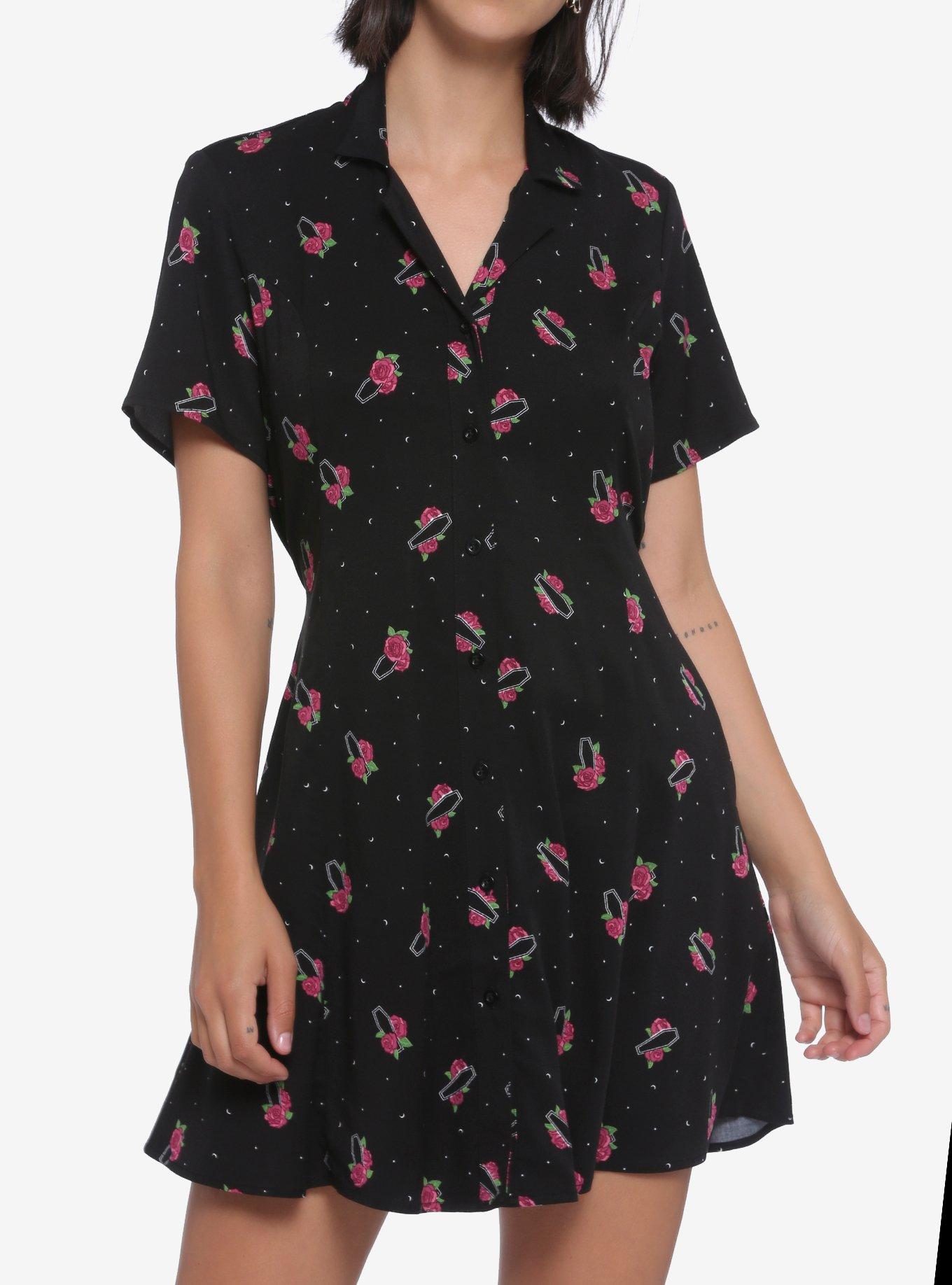 Pink Rose & Coffins Button-Front Dress, BLACK, hi-res