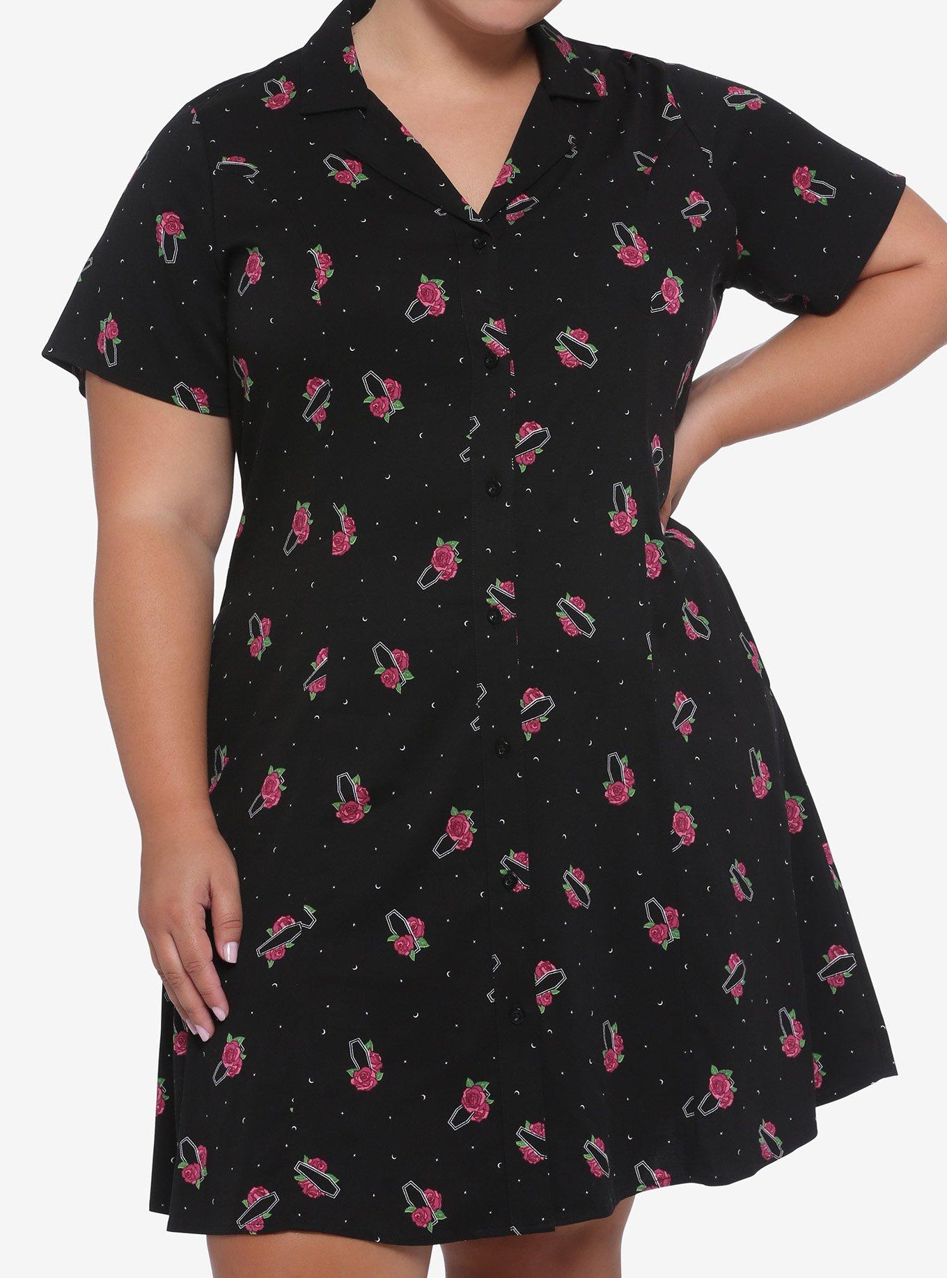 Pink Rose & Coffins Button-Front Dress Plus Size, BLACK, hi-res