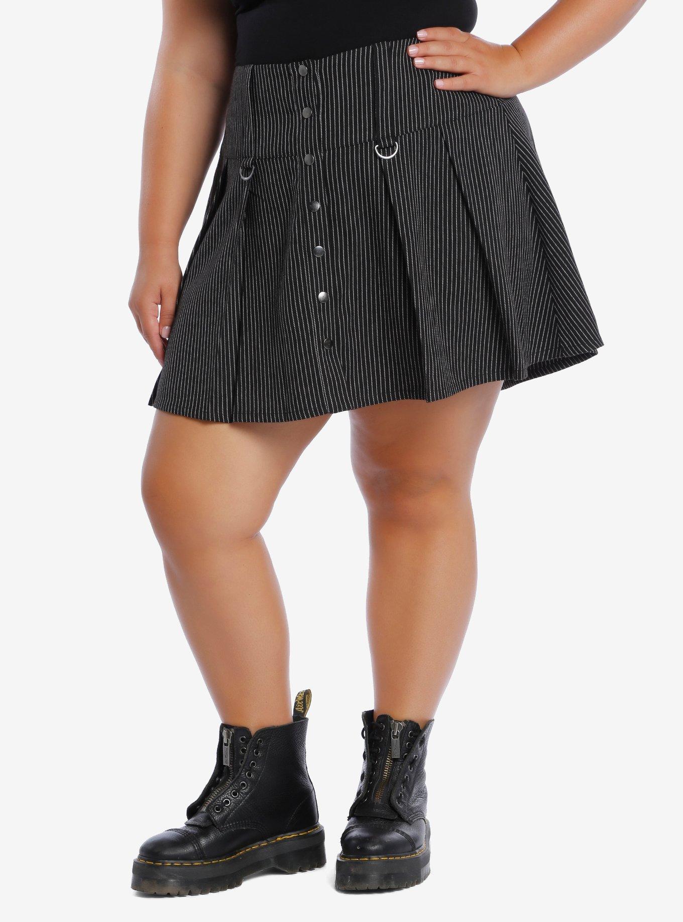 Pinstripe D-Ring Pleated Skirt Plus Size, PINSTRIPE, hi-res