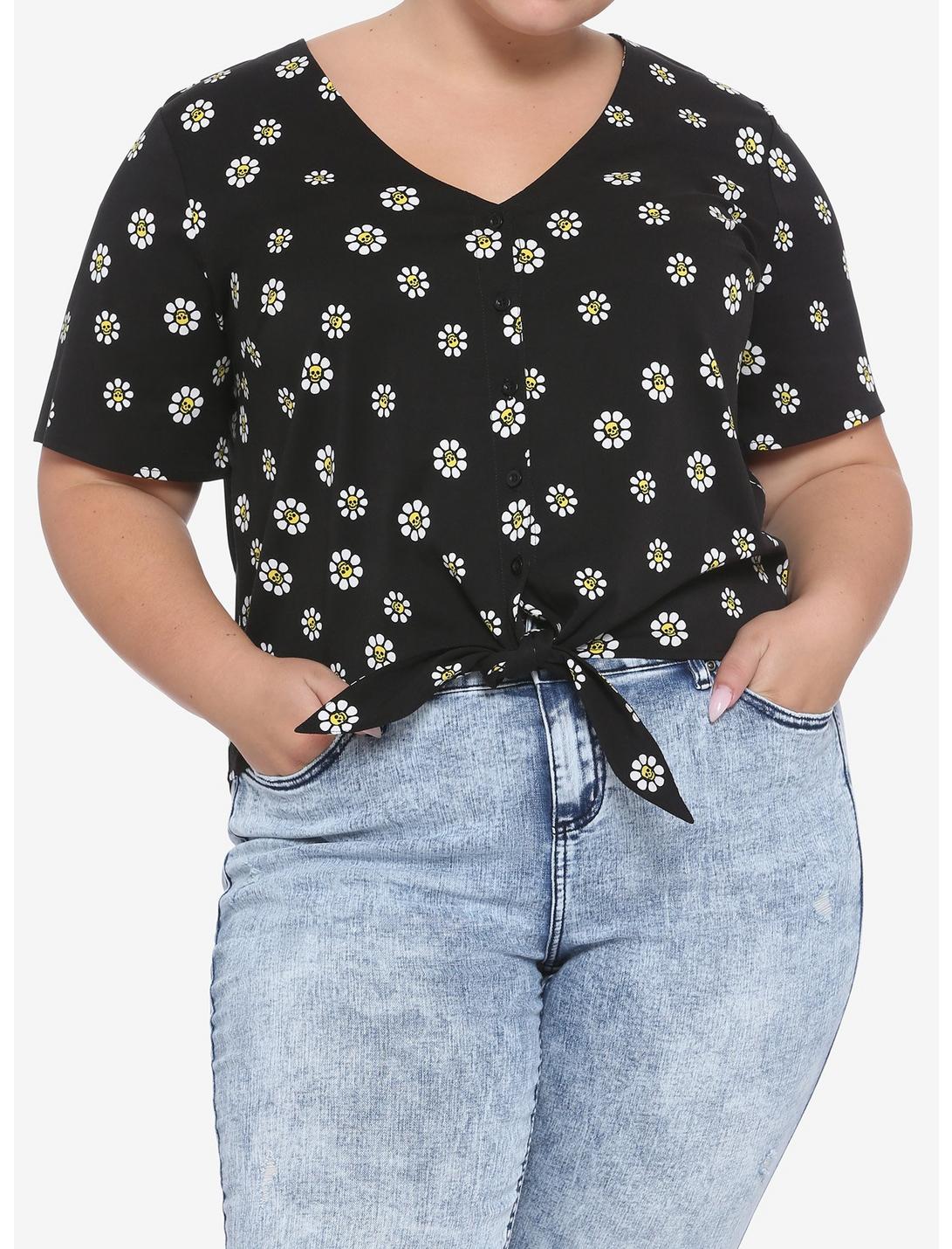 Skull Daisies Tie-Front Girls Woven Button-Up Plus Size, MULTI, hi-res