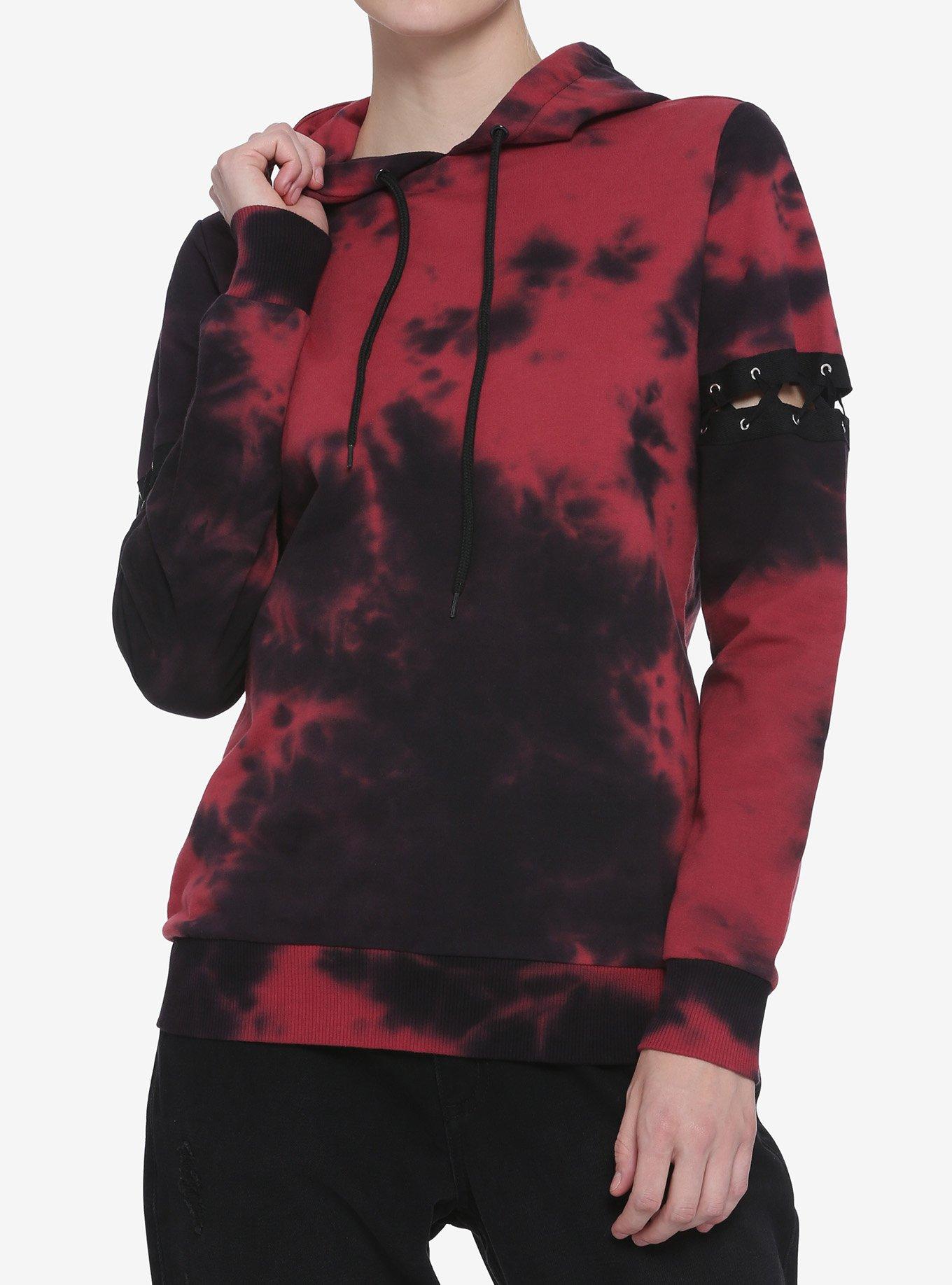 Red & Black Lace-Up Sleeves Tie-Dye Girls Hoodie, TIE DYE, hi-res