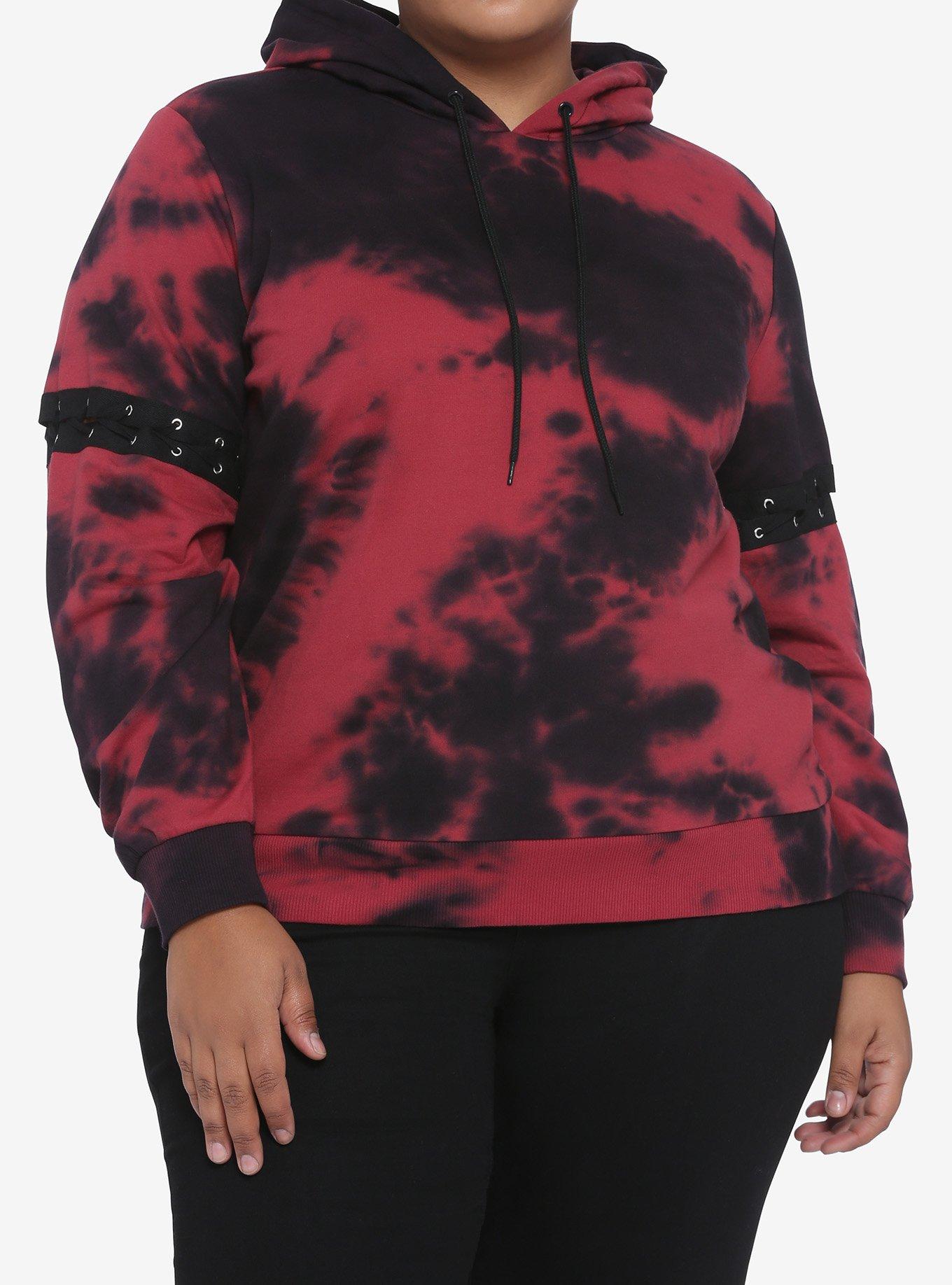 Red & Black Lace-Up Sleeves Tie-Dye Girls Hoodie Plus Size, TIE DYE, hi-res