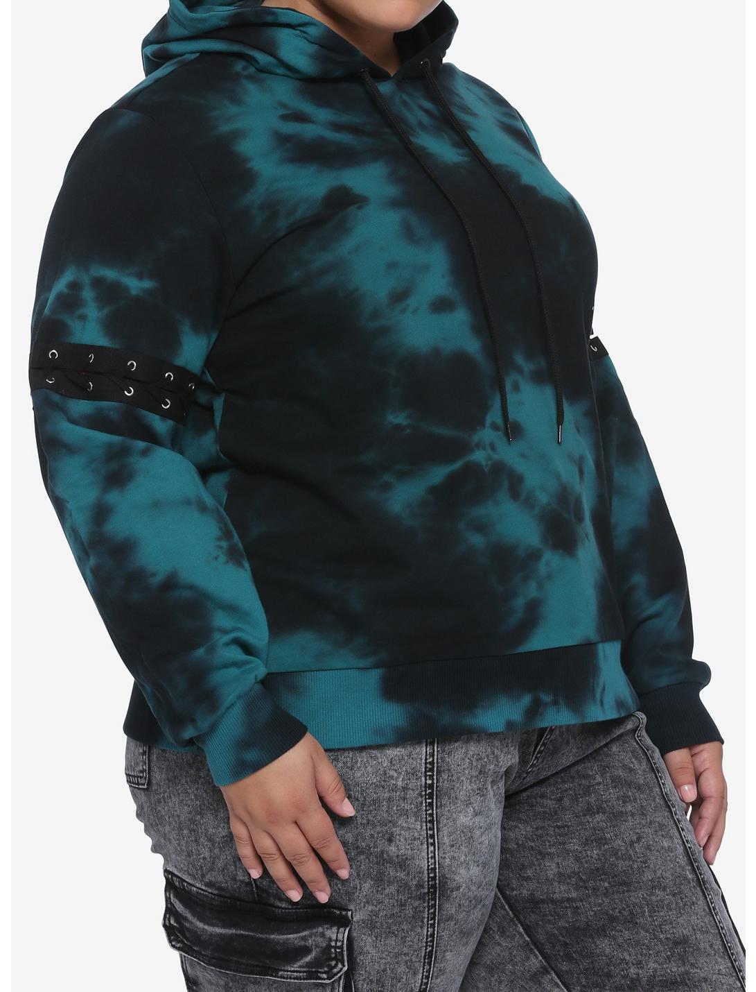 Teal & Black Lace-Up Sleeves Tie-Dye Girls Hoodie Plus Size, MULTI, hi-res