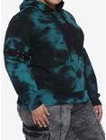 Teal & Black Lace-Up Sleeves Tie-Dye Girls Hoodie Plus Size, MULTI, hi-res