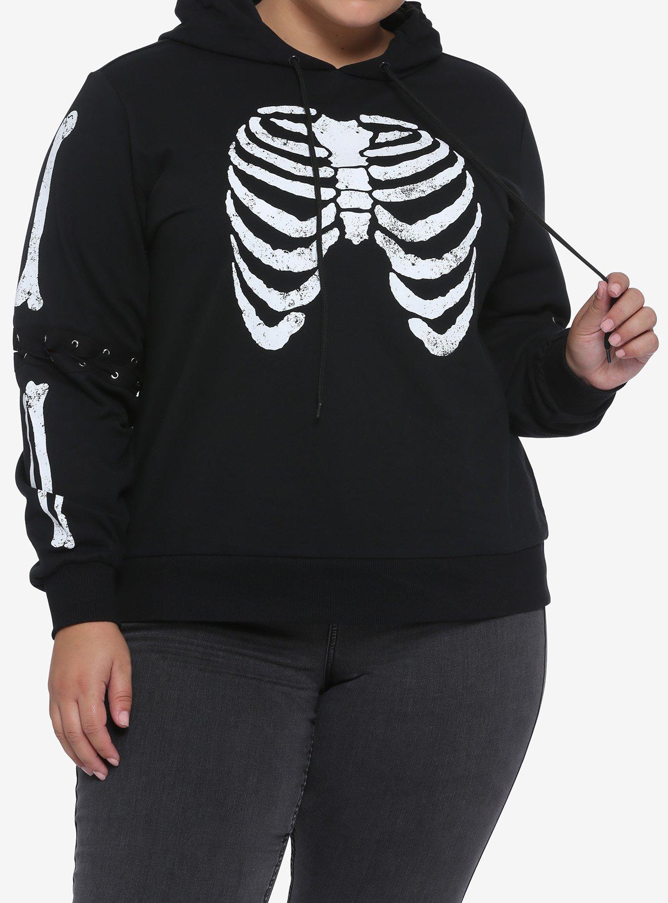 Skeleton Lace-Up Sleeve Girls Hoodie Plus Size, BLACK, hi-res