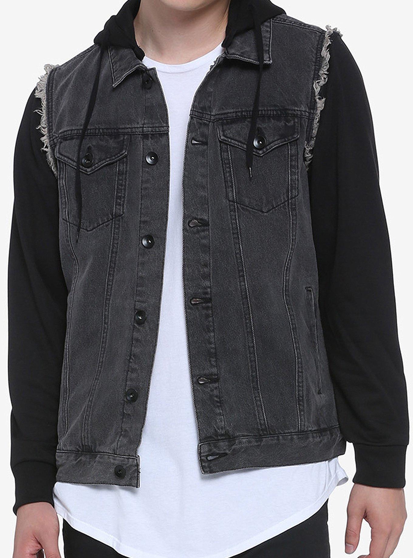 Black Removable Hood & Sleeves Denim Jacket | Hot Topic