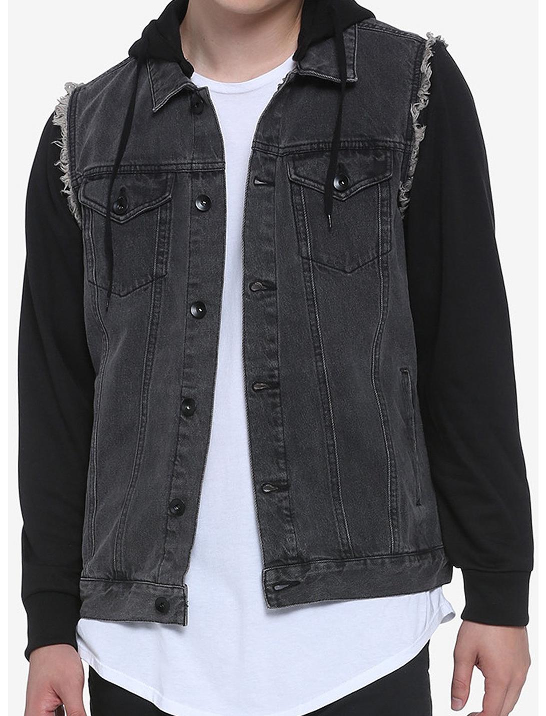 Black Removable Hood & Sleeves Denim Jacket, BLACK, hi-res