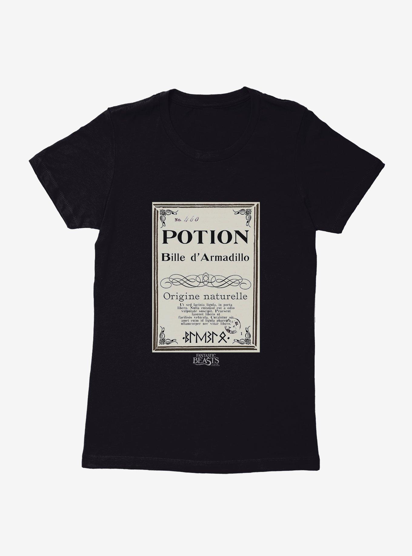 Fantastic Beasts Herbology Potion Bille d' Armadillo Script Womens T-Shirt, BLACK, hi-res