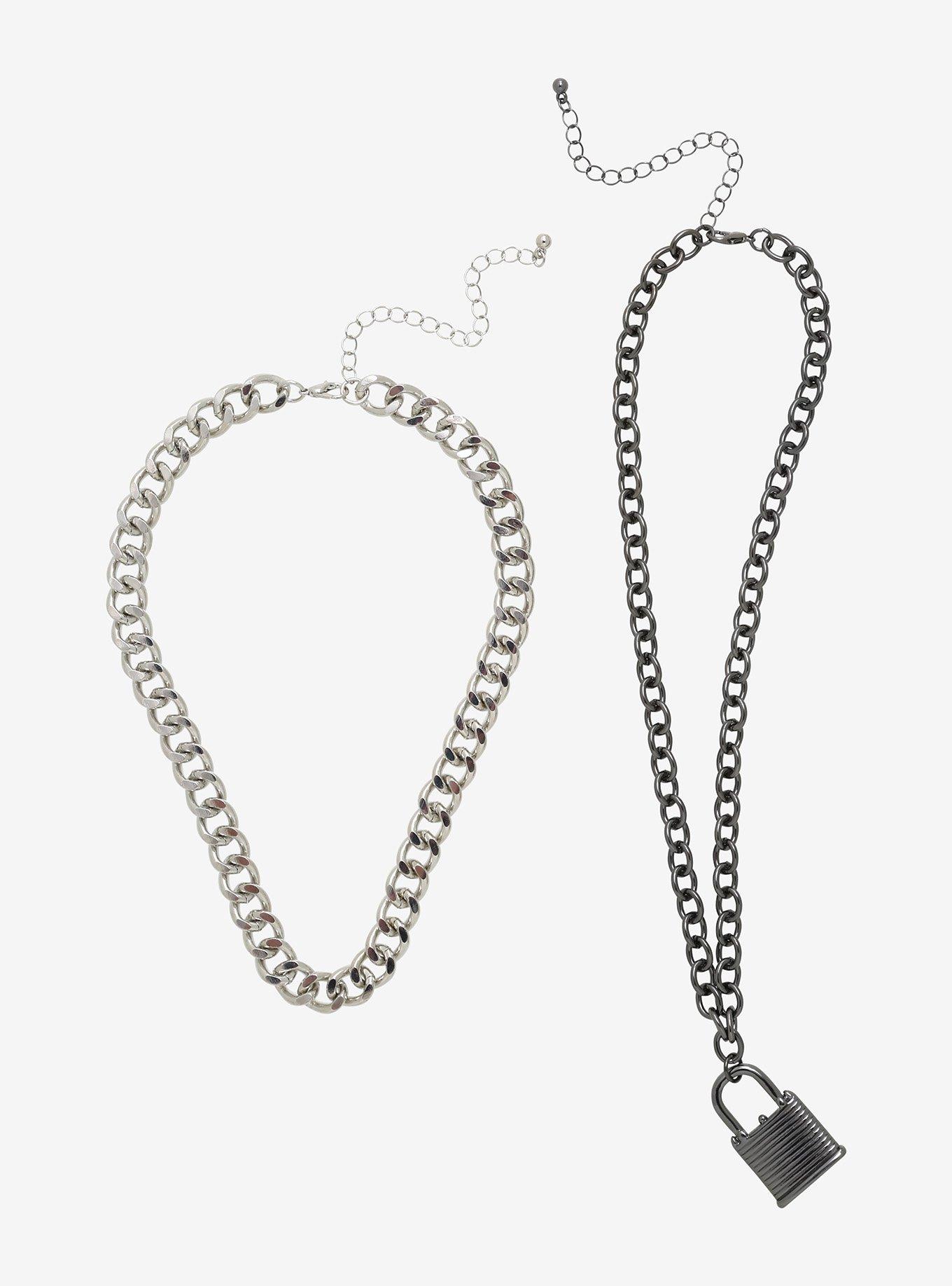 Silver & Gunmetal Padlock Chain Necklace Set, , hi-res