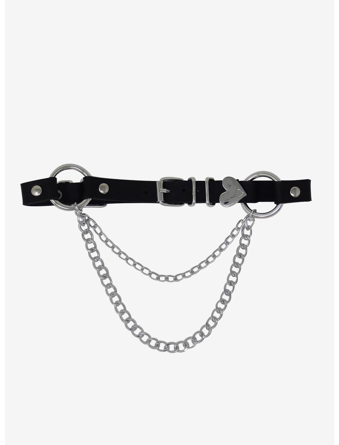 O-Ring Chain Heart Buckle Faux Leather Choker, , hi-res
