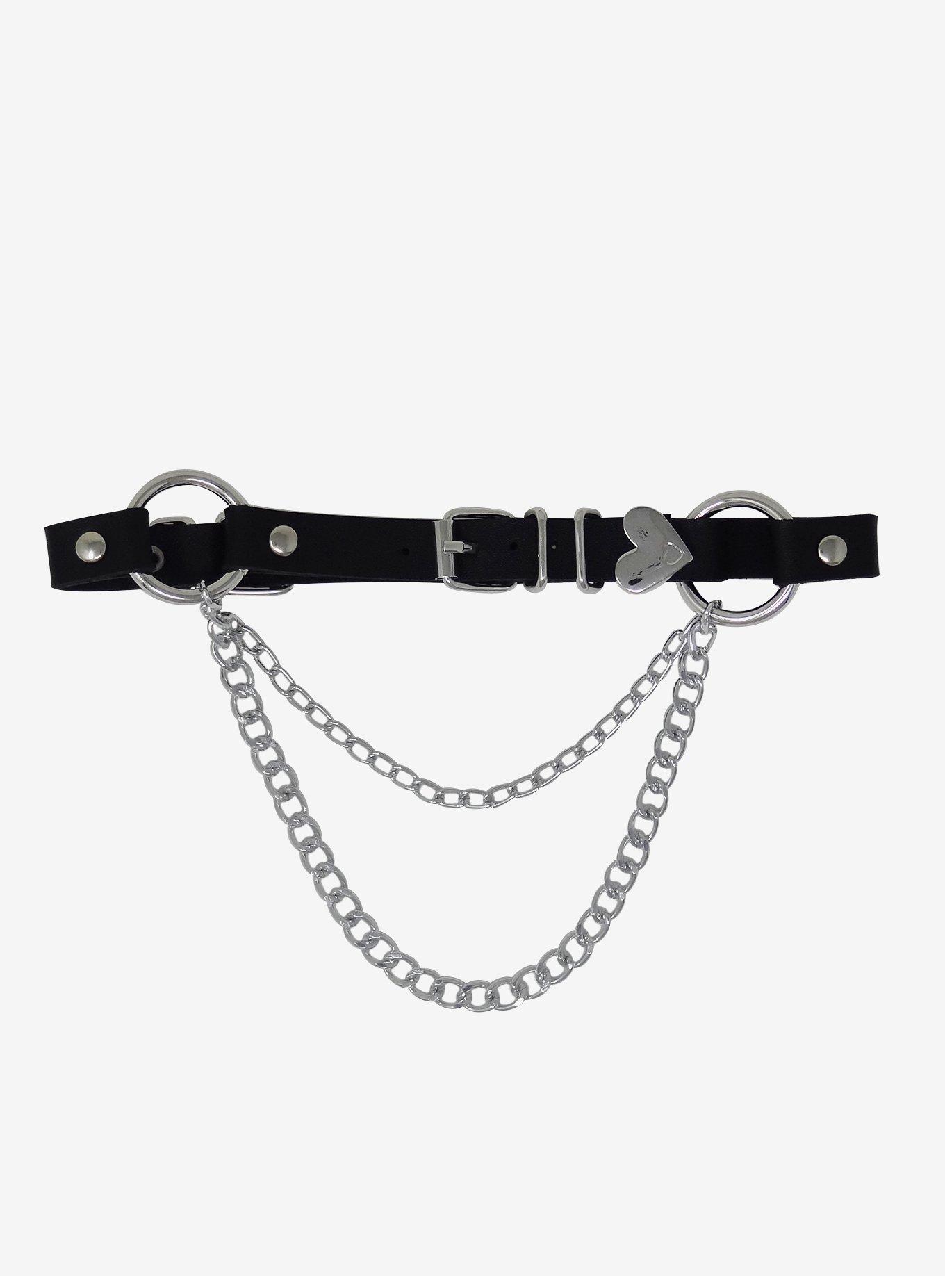O-Ring Chain Heart Buckle Faux Leather Choker, , hi-res