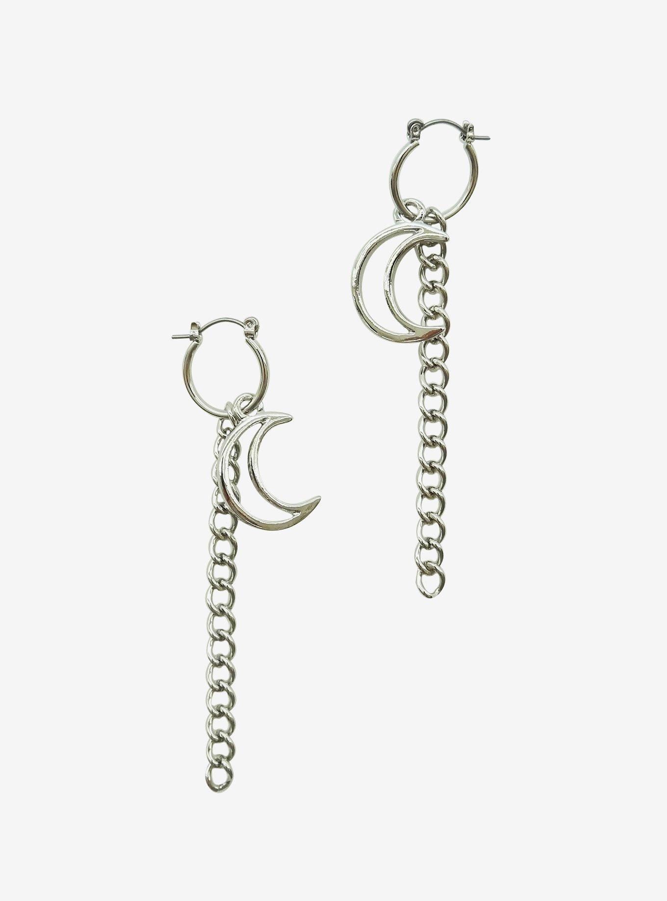 Silver Moon Chain Mini Hoop Earrings, , hi-res