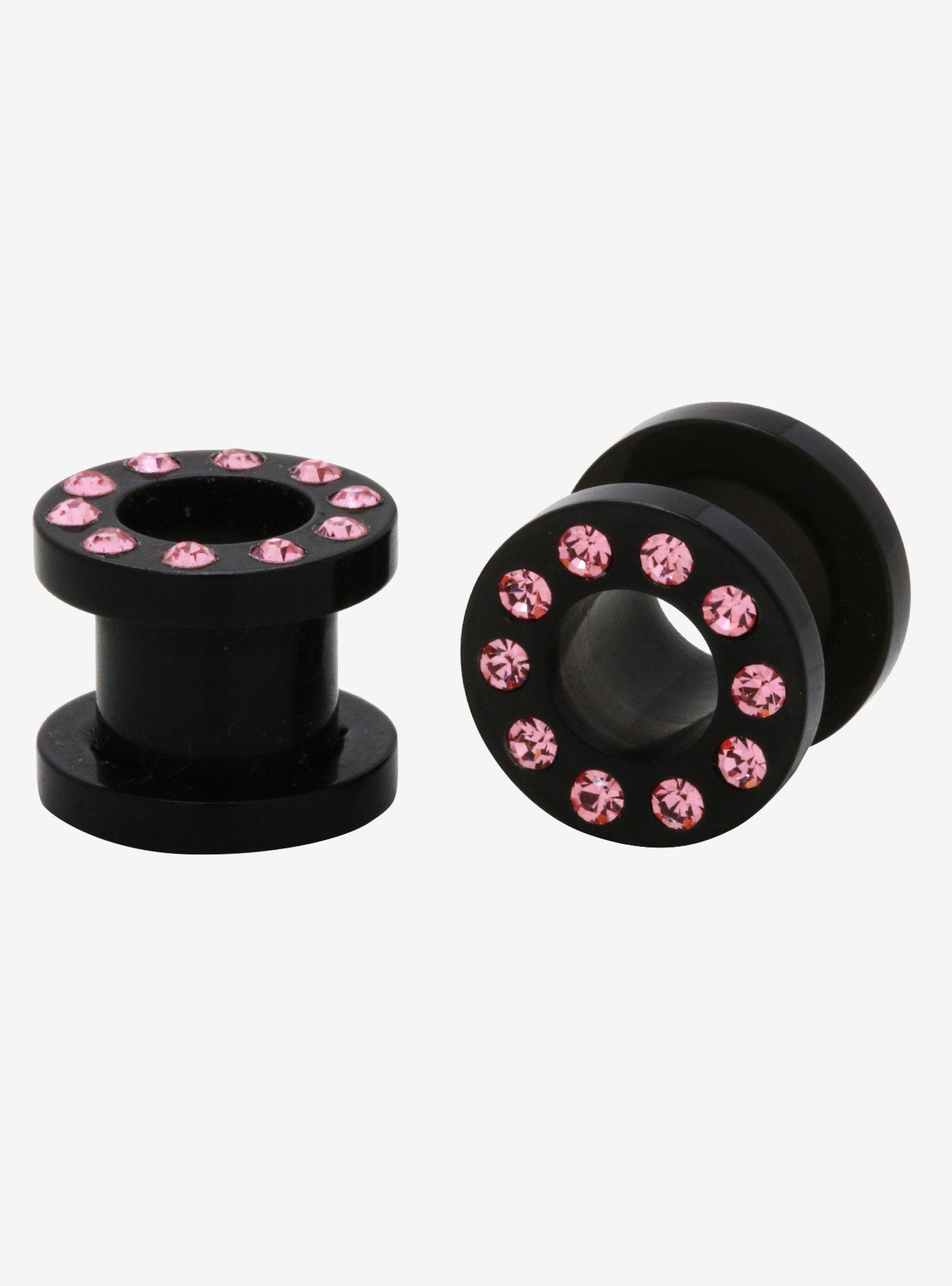 Acrylic Black With Pink Gems Tunnel Plug 2 Pack, MULTI, hi-res
