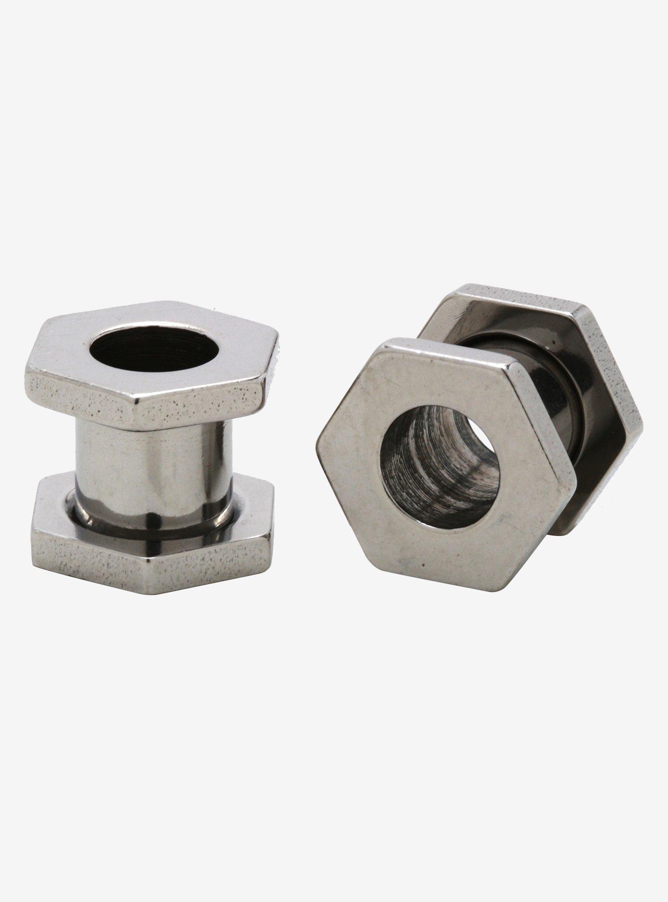 Steel Silver Hexagon Tunnel Plug 2 Pack, SILVER, hi-res