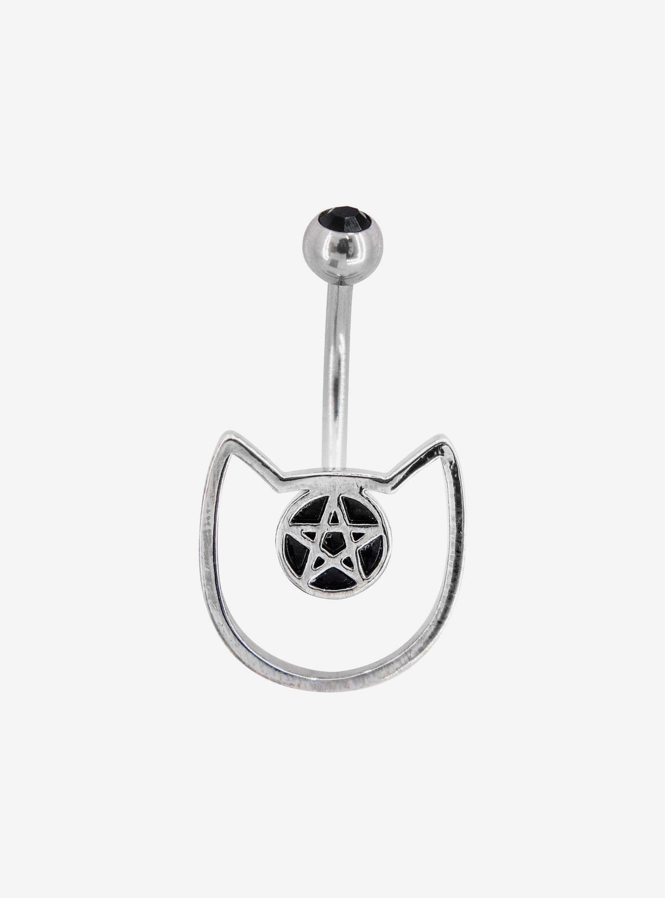 14G Steel Pentagram Cat Navel Barbell, , hi-res