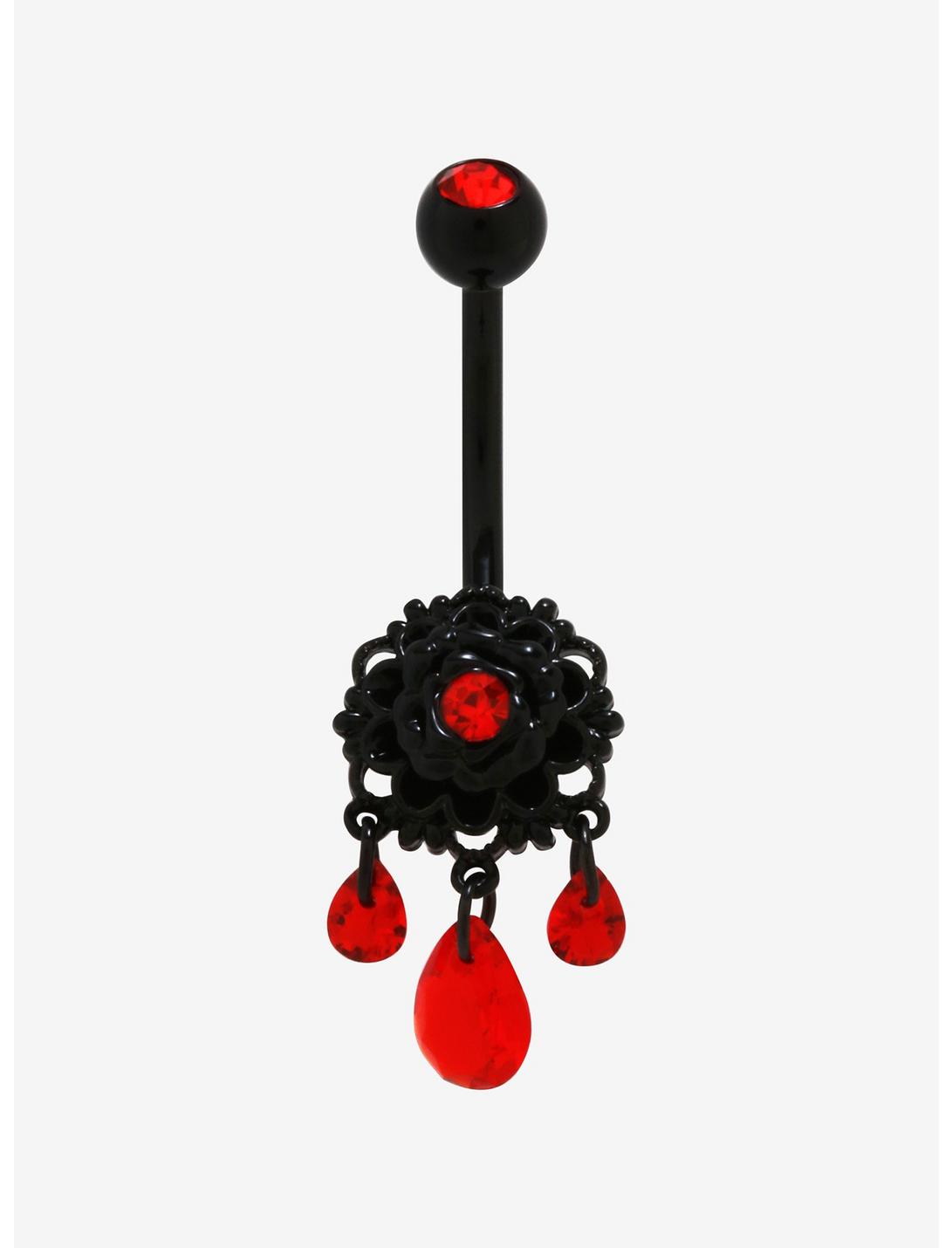14G Steel Black Flower & Red Stones Navel Barbell, , hi-res