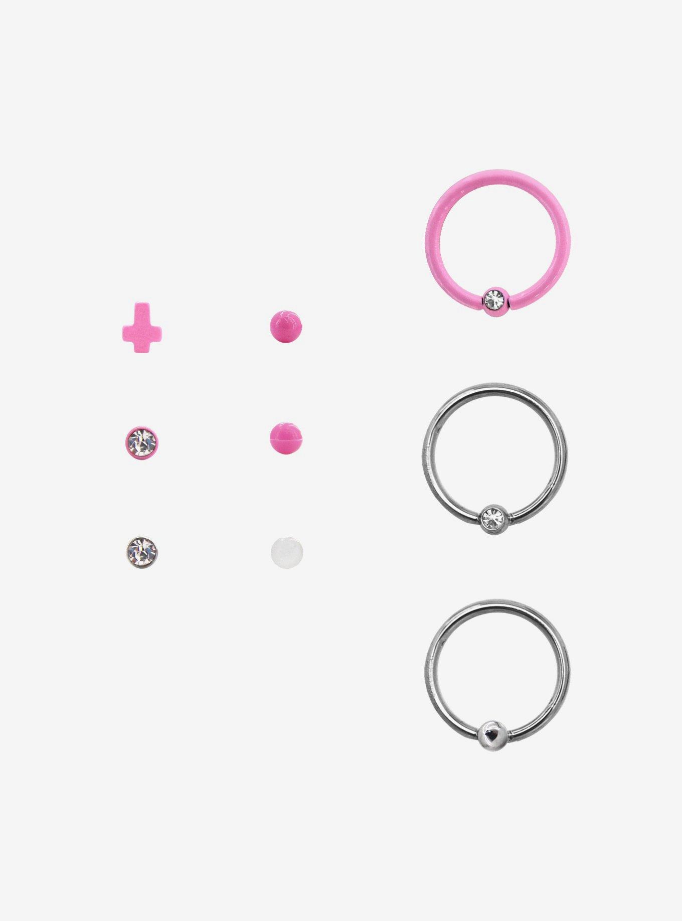 Steel Silver & Pink Nose Stud & Hoop 9 Pack | Hot Topic