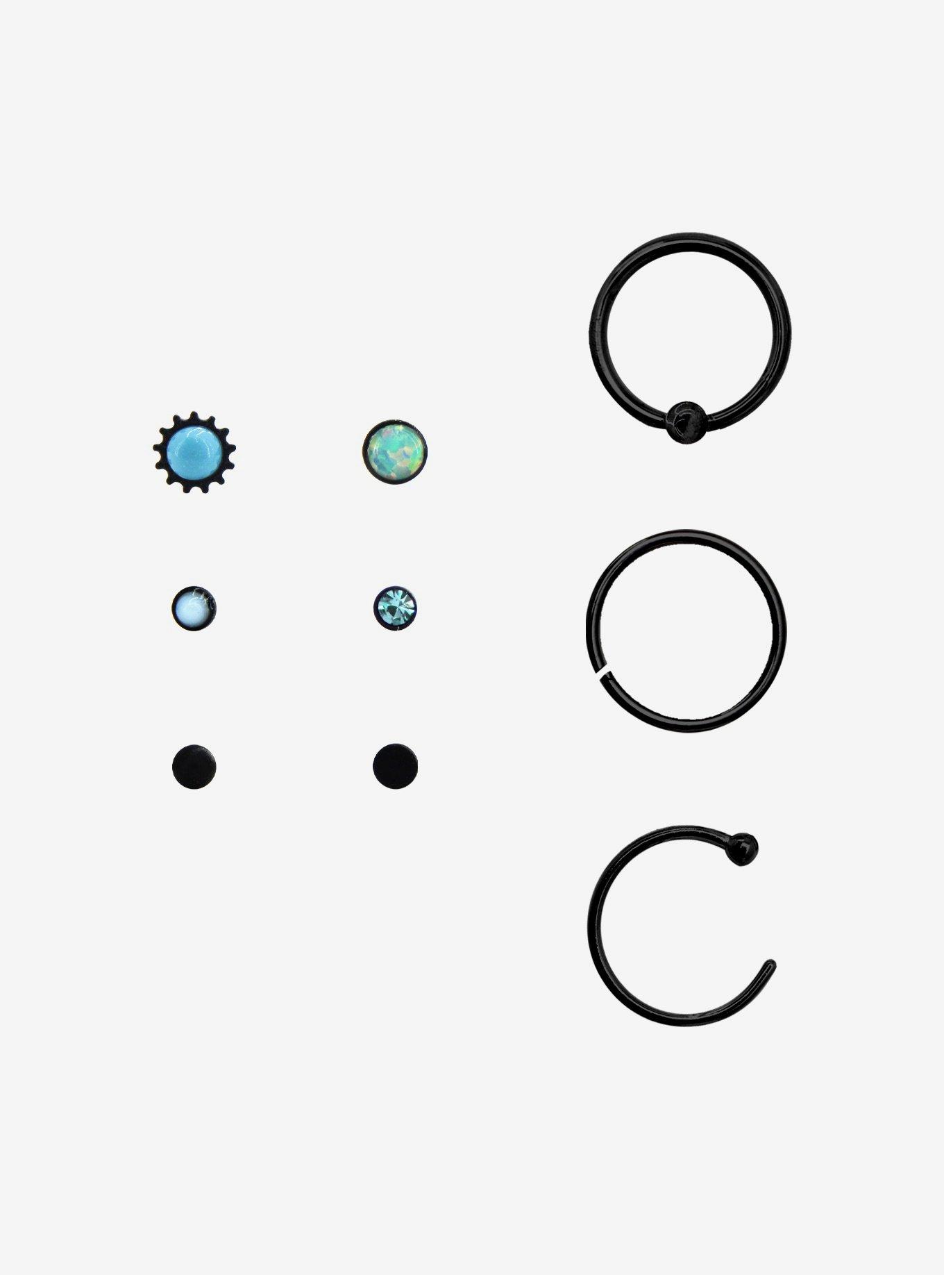 Steel Black & Turquoise Nose Stud & Hoop 9 Pack, MULTI, hi-res