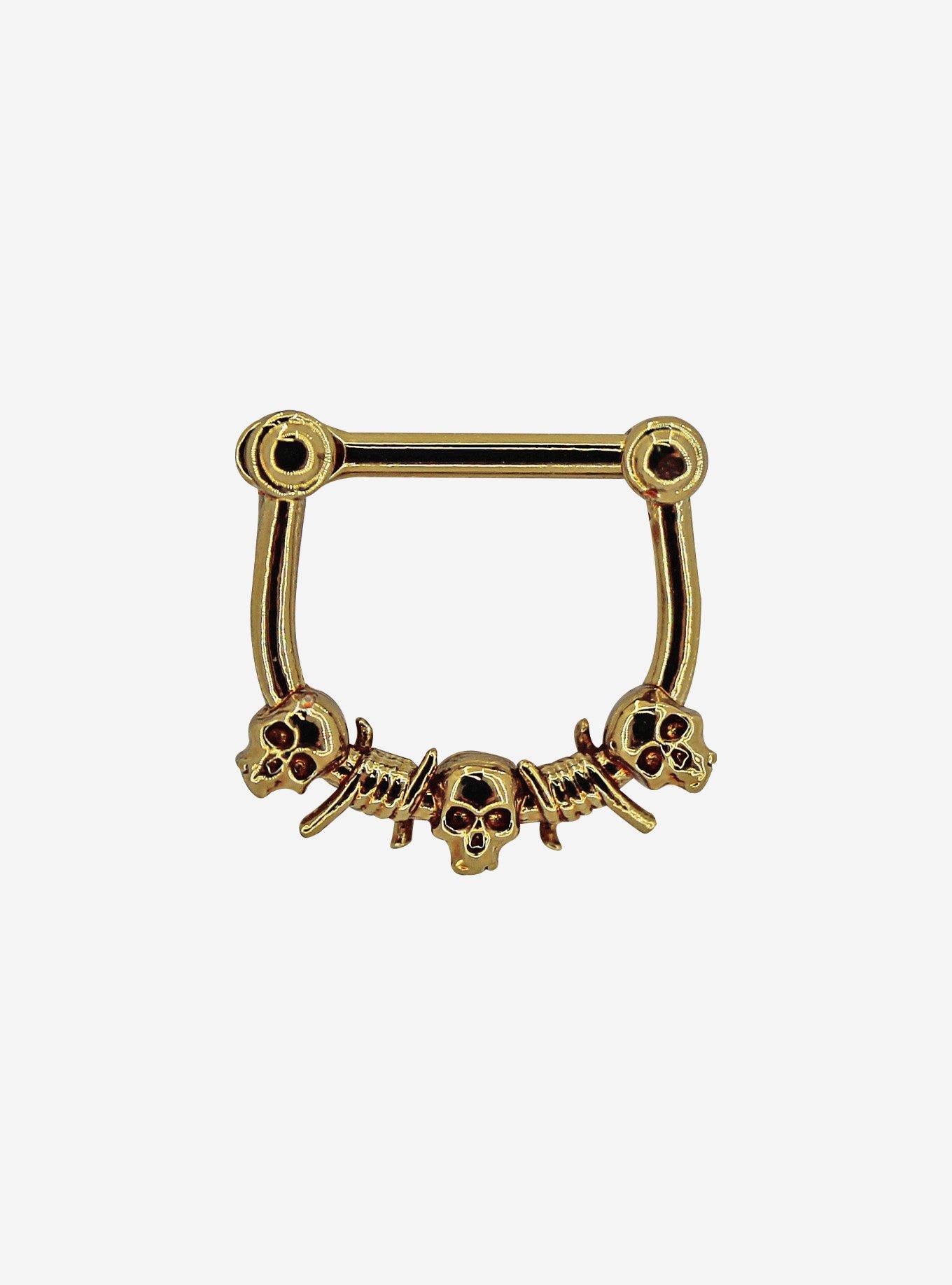 Steel Gold Skull & Barbed Wire Septum Clicker, GOLD, hi-res