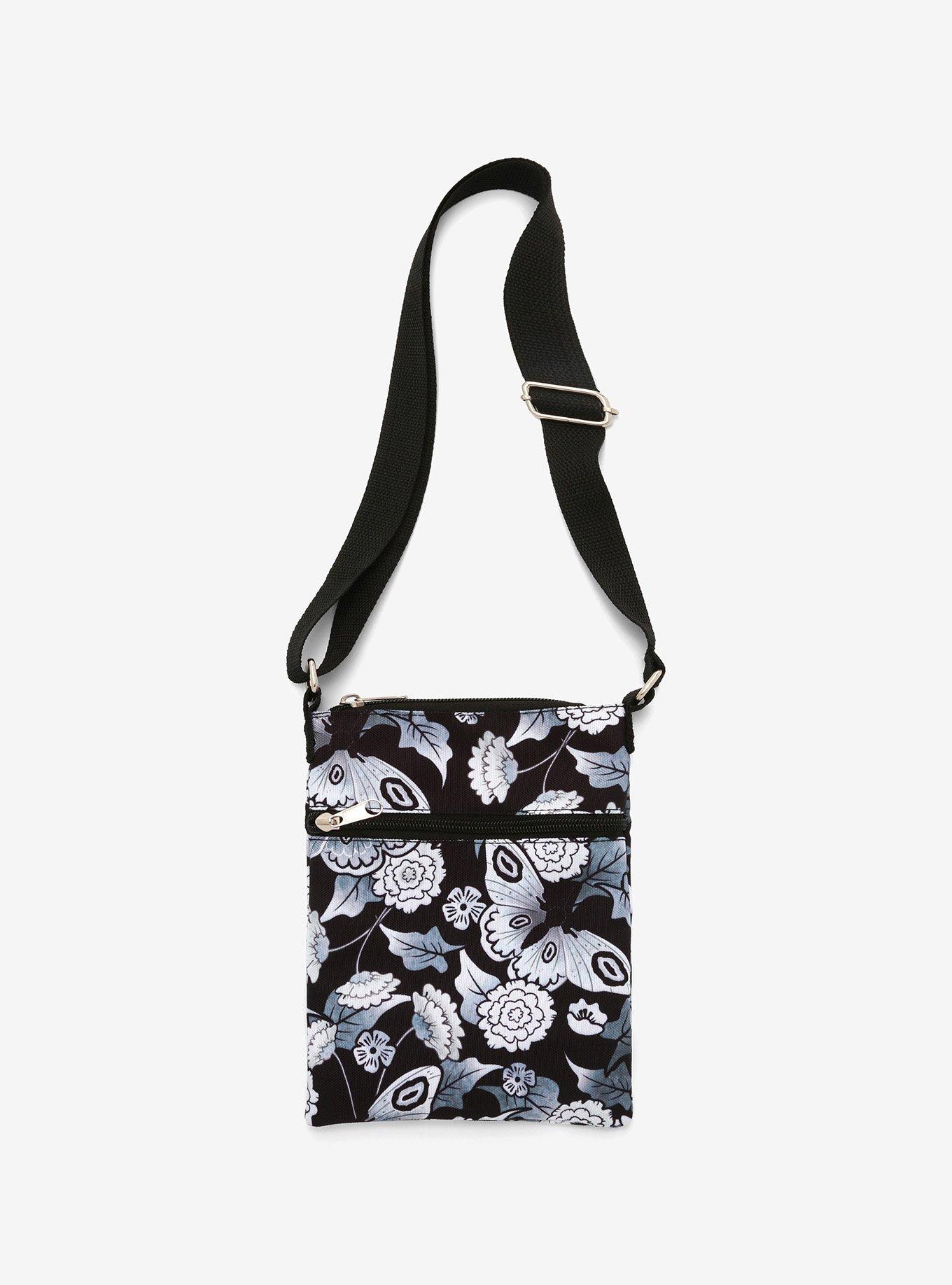 Black & White Butterflies & Flowers Passport Crossbody Bag, , hi-res
