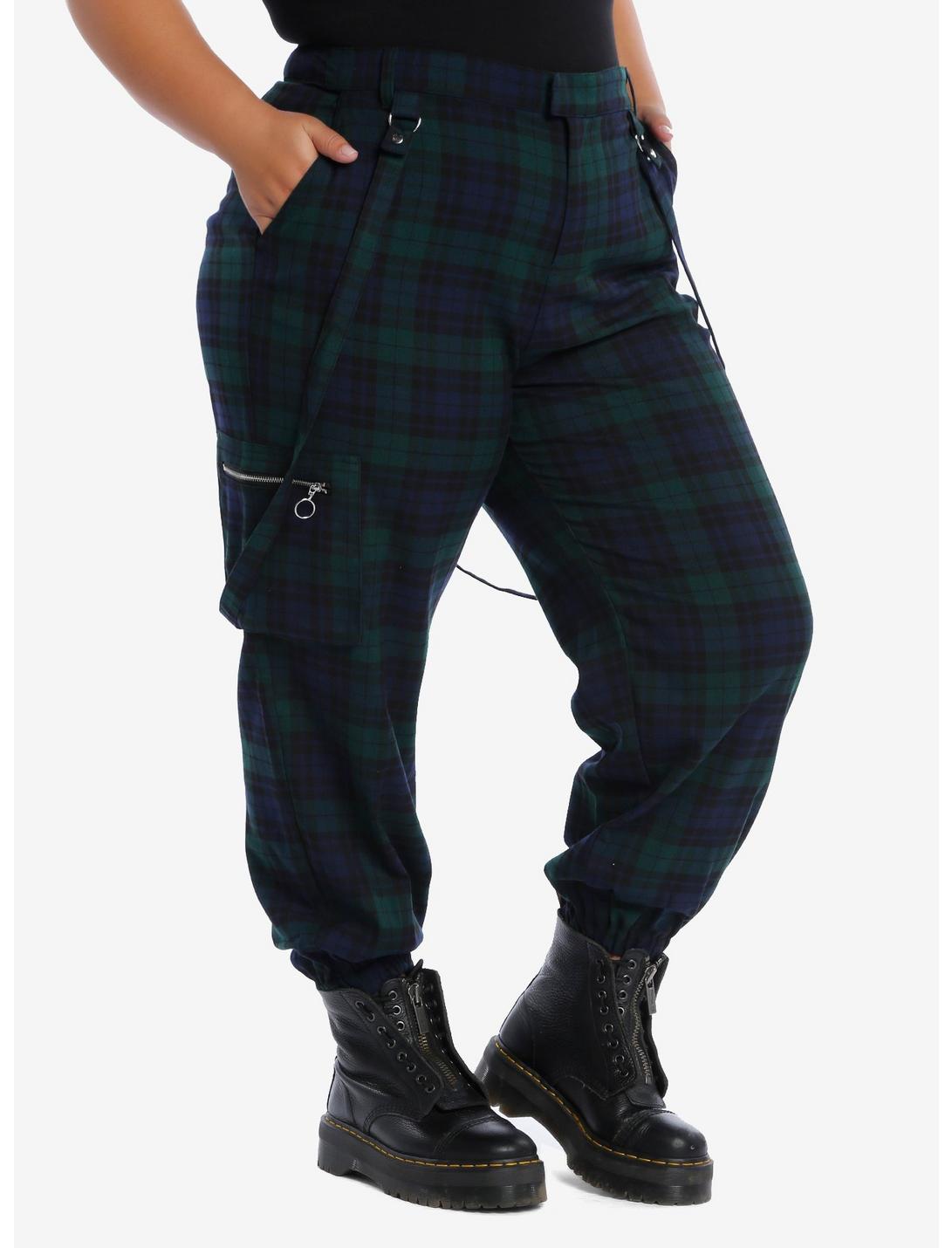 Green & Blue Plaid Strap Ultra Hi-Rise Jogger Pants Plus Size, PLAID - GREEN, hi-res