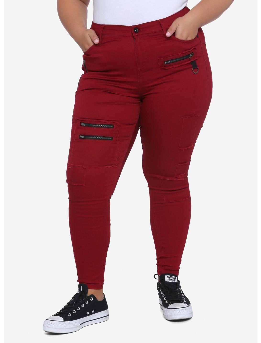 HT Denim Red Patches & Zippers Hi-Rise Super Skinny Plus Size, RED, hi-res