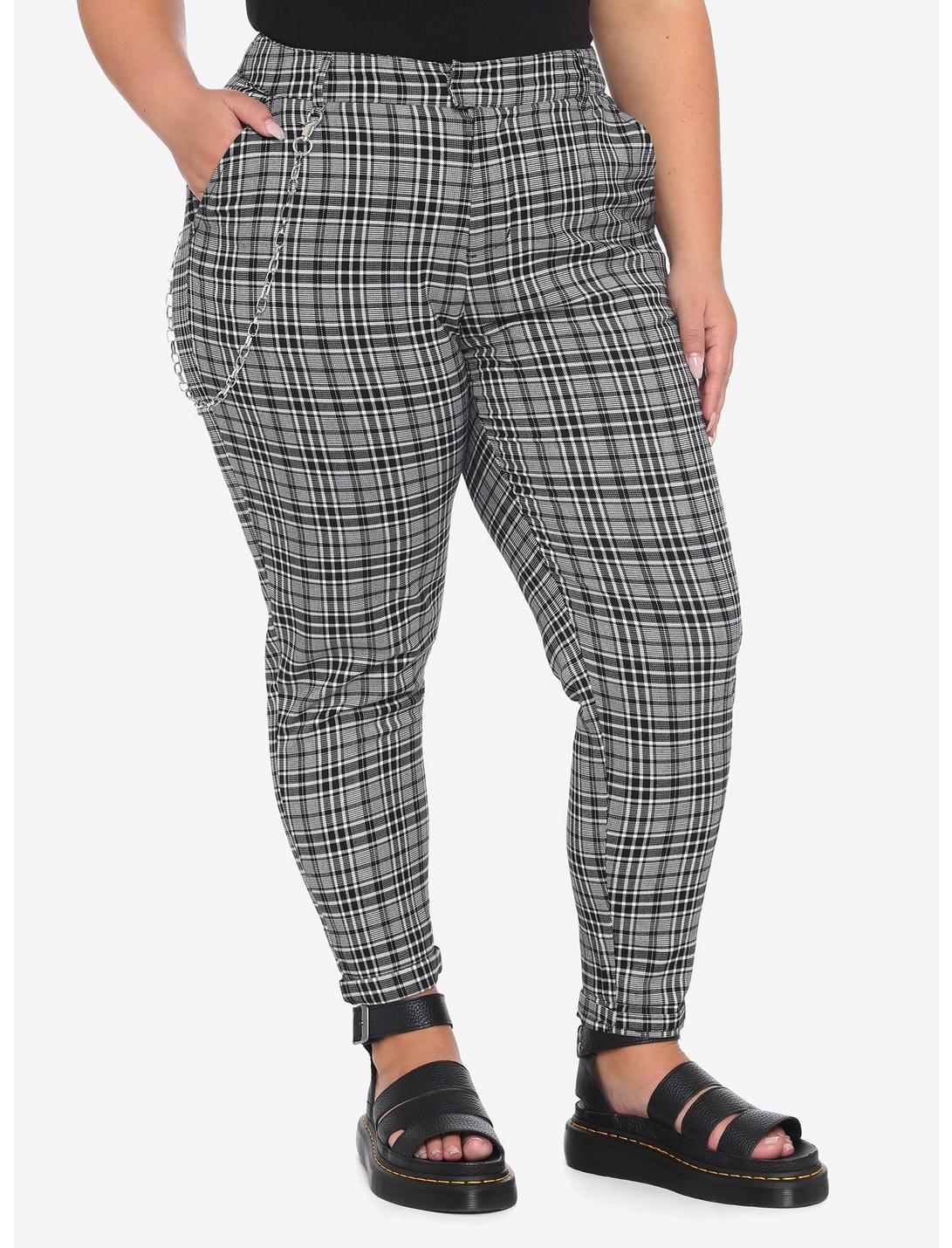 Black & White Plaid Pants With Detachable Chain Plus Size, PLAID - GREY, hi-res