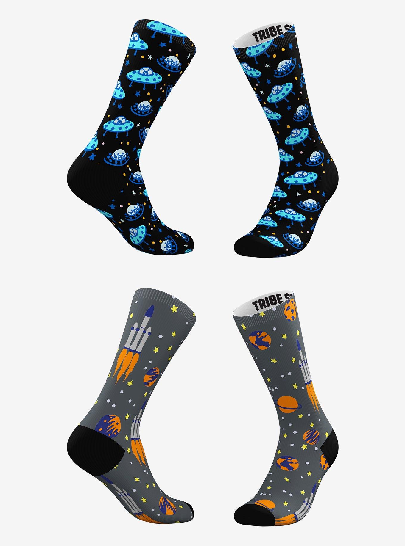 Blue UFO Alien and Grey Rocket Ship Socks 2 Pairs, , hi-res