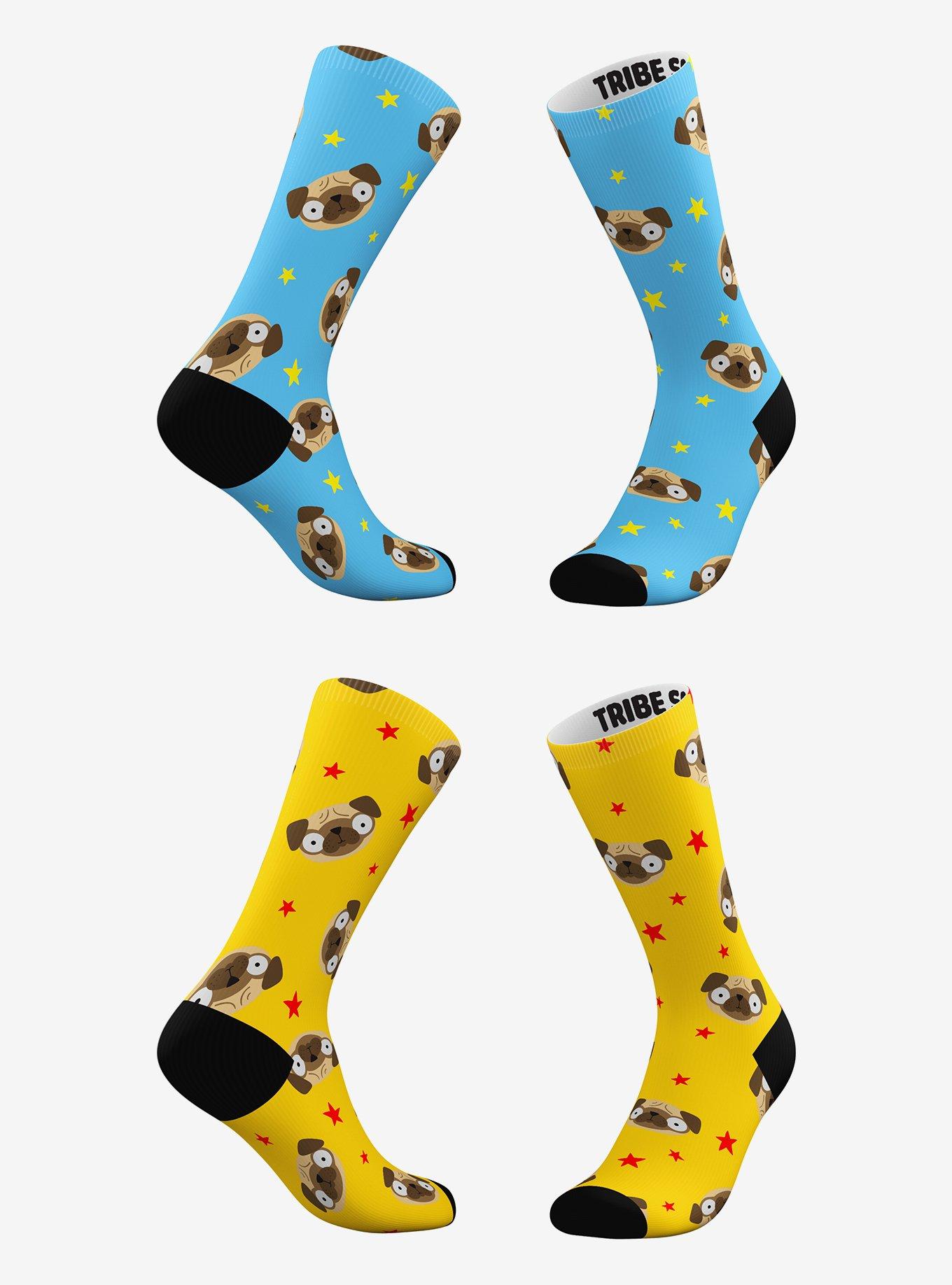Blue and Yellow Pug Emoji Socks 2 Pairs, , hi-res