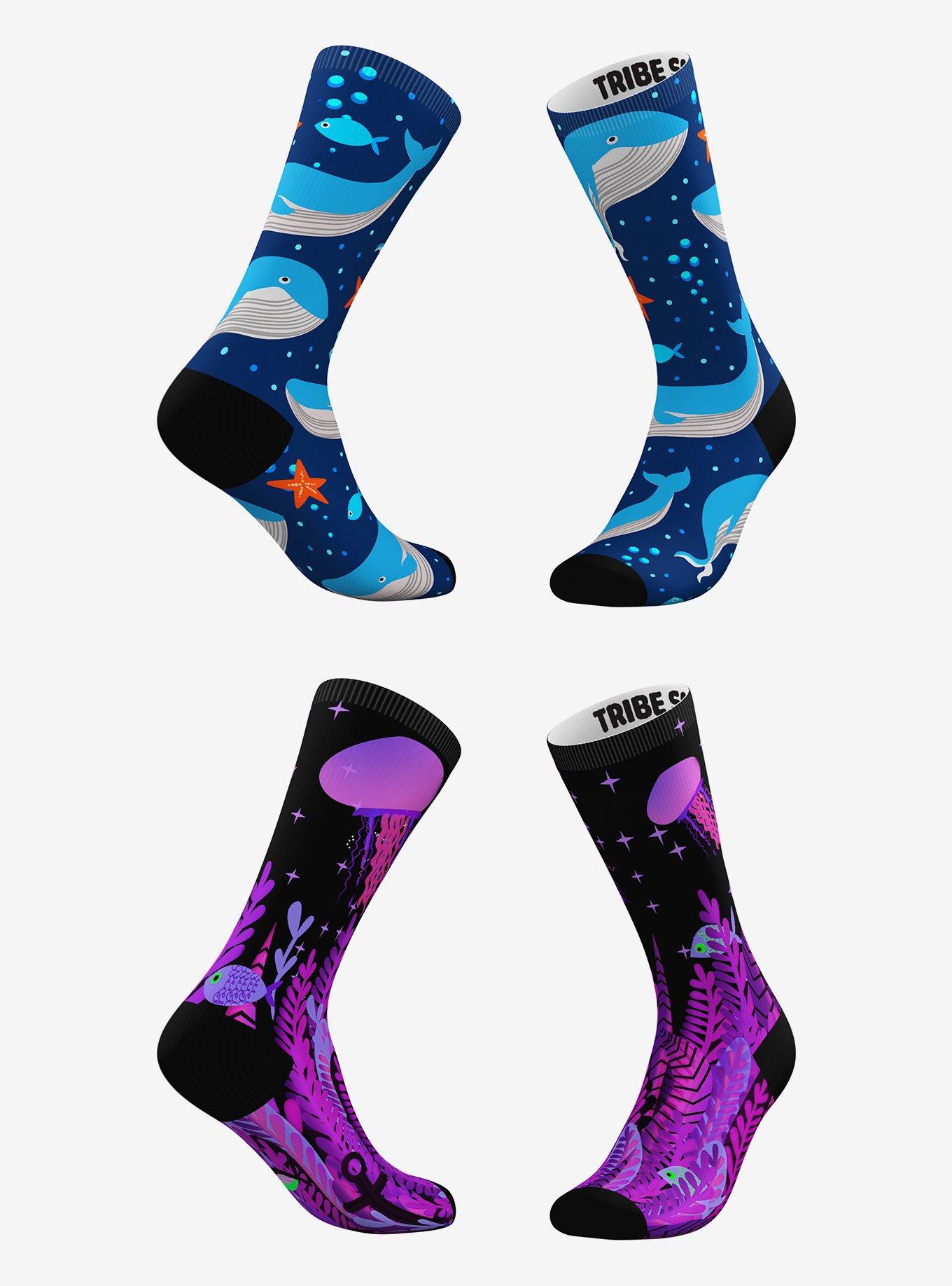 Deep Blue Whale and Purple Seascape Socks 2 Pairs, , hi-res