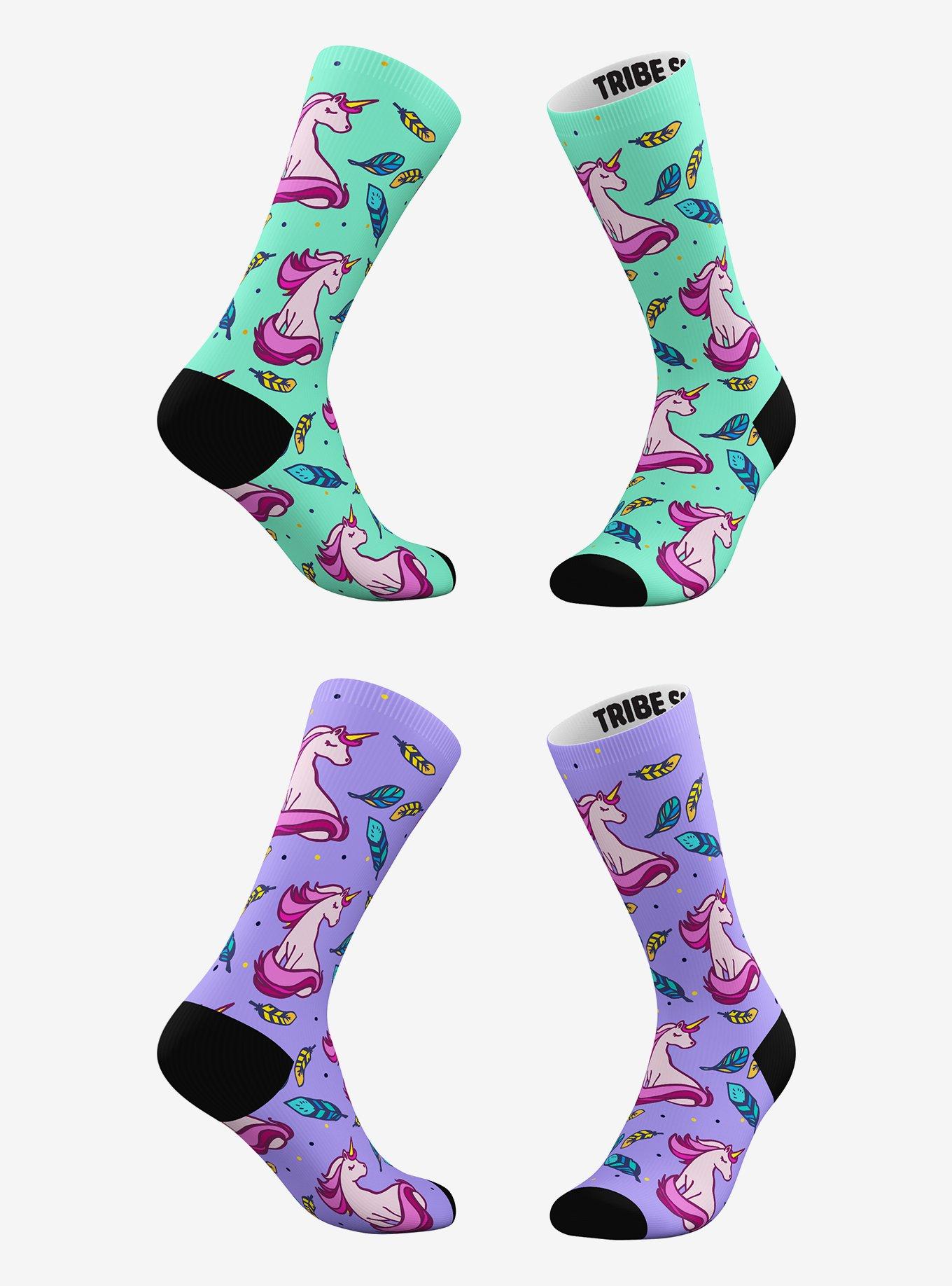 Green Feather and Purple Feather Unicorn Socks 2 Pairs, , hi-res