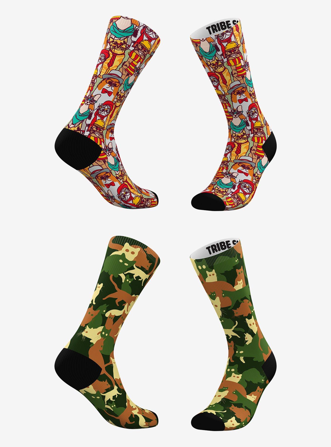 Hipster Cat and Classic Camo Cat Socks 2 Pairs, , hi-res