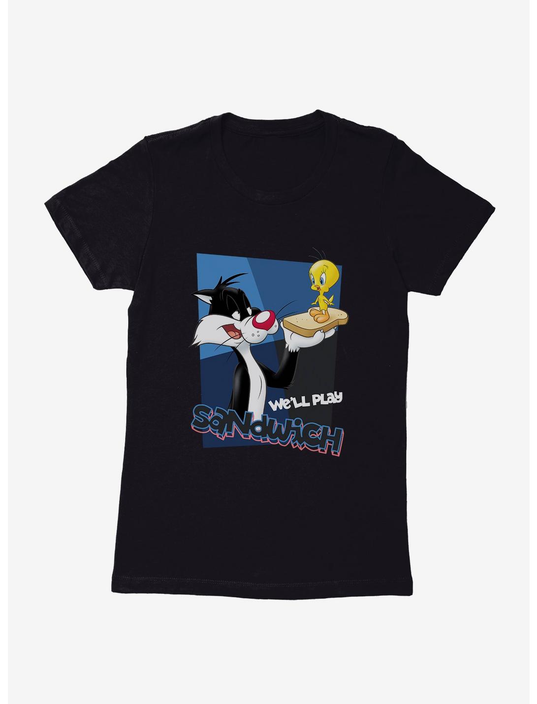 Looney Tunes Sylvester Tweety Play Sandwich Womens T-Shirt, BLACK, hi-res