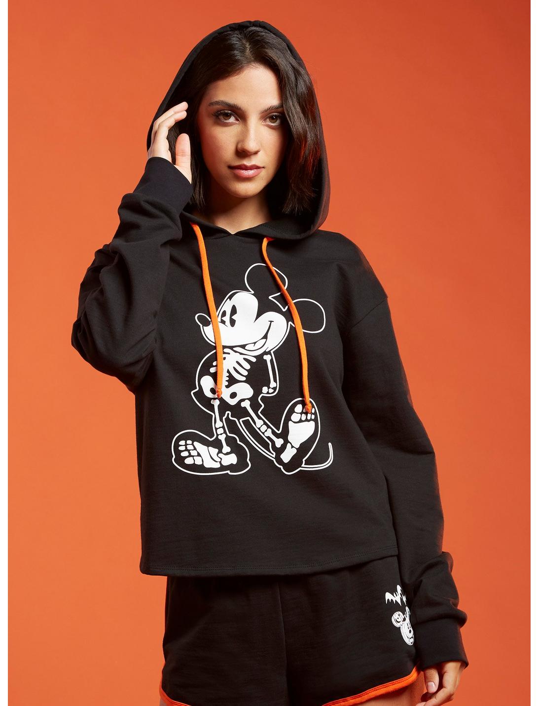 Disney Mickey Mouse Halloween Skeleton Girls Crop Hoodie, BLACK, hi-res