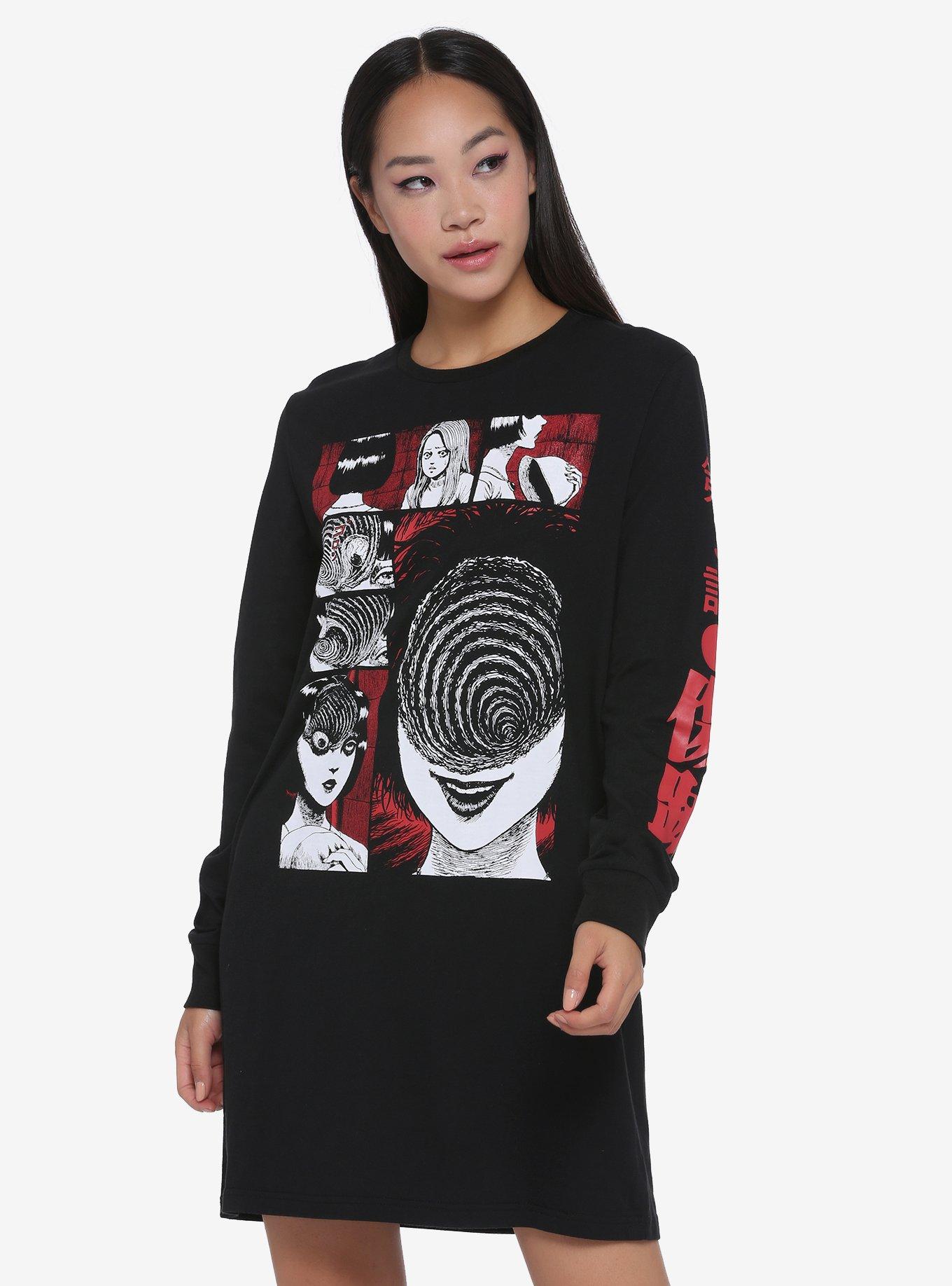 Junji Ito Uzumaki Panel Long-Sleeve T-Shirt Dress, BLACK, hi-res