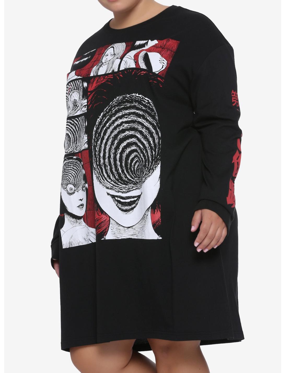 Junji Ito Uzumaki Panel Long-Sleeve T-Shirt Dress Plus Size, BLACK, hi-res