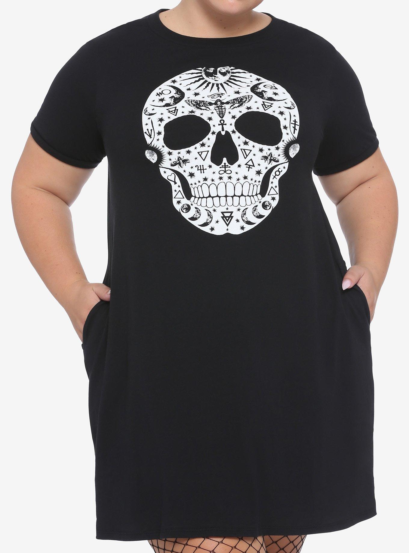 Symbols Skull T-Shirt Dress Plus Size, BURGUNDY, hi-res
