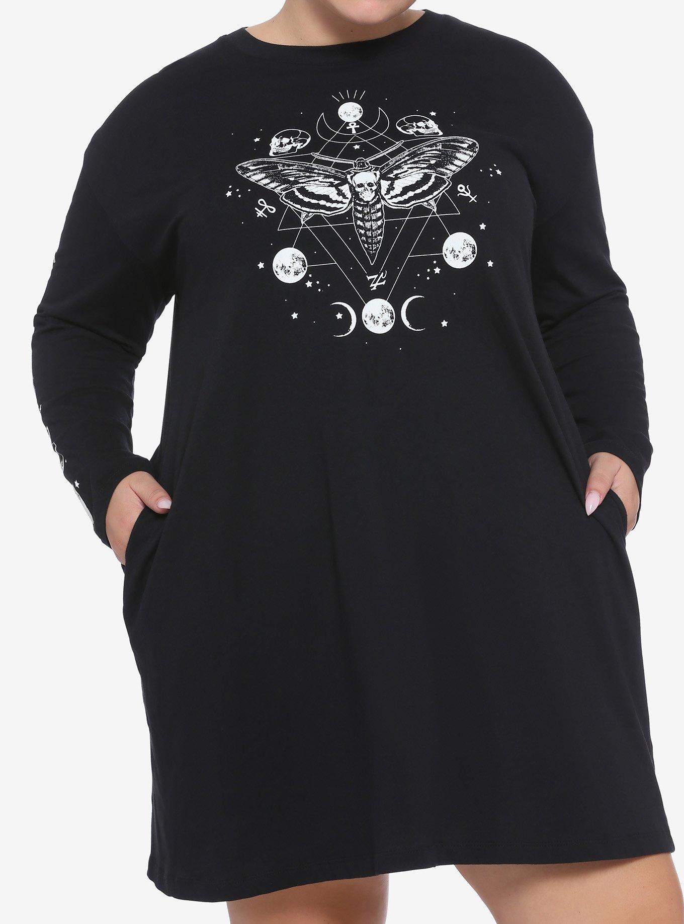 Death's-Head Moth & Skulls Long-Sleeve T-Shirt Dress Plus Size, MULTI, hi-res