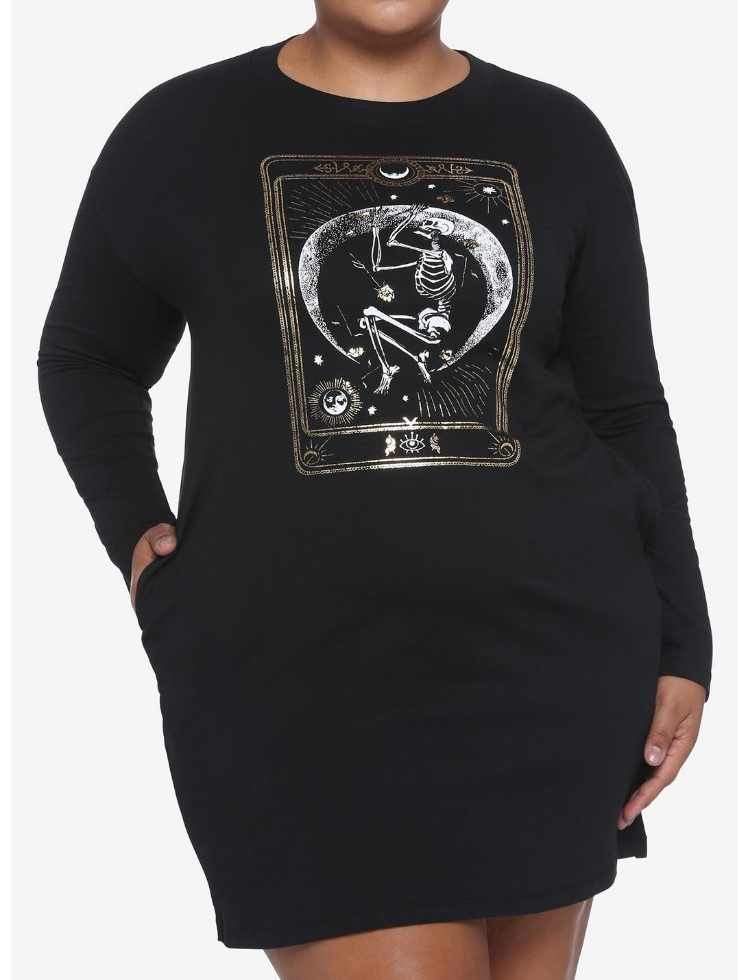 Skeleton Tarot Card Long-Sleeve T-Shirt Dress Plus Size, BLACK, hi-res