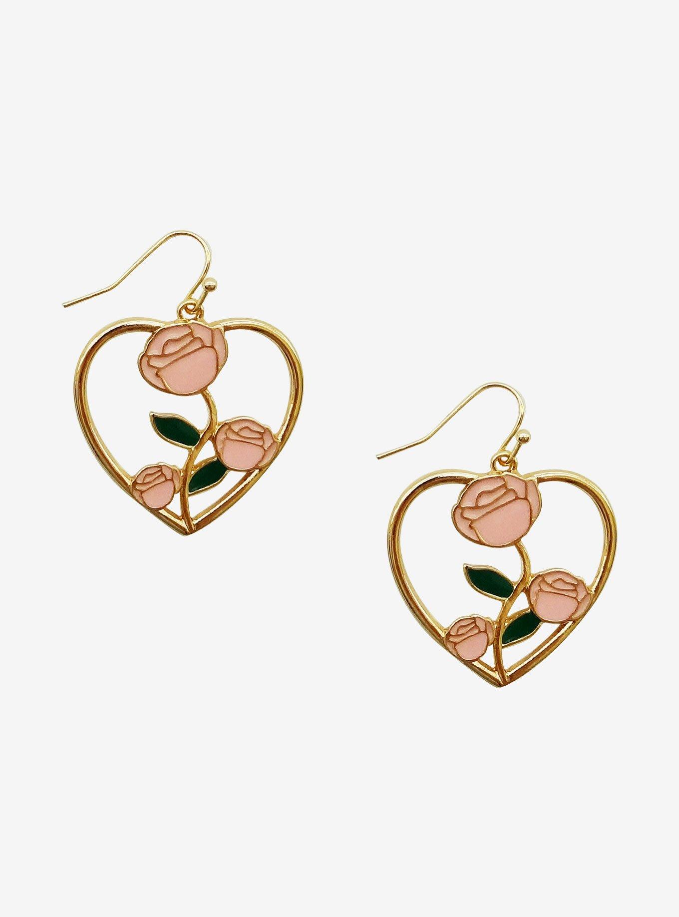 Pink Rose Heart Dangle Earrings, , hi-res