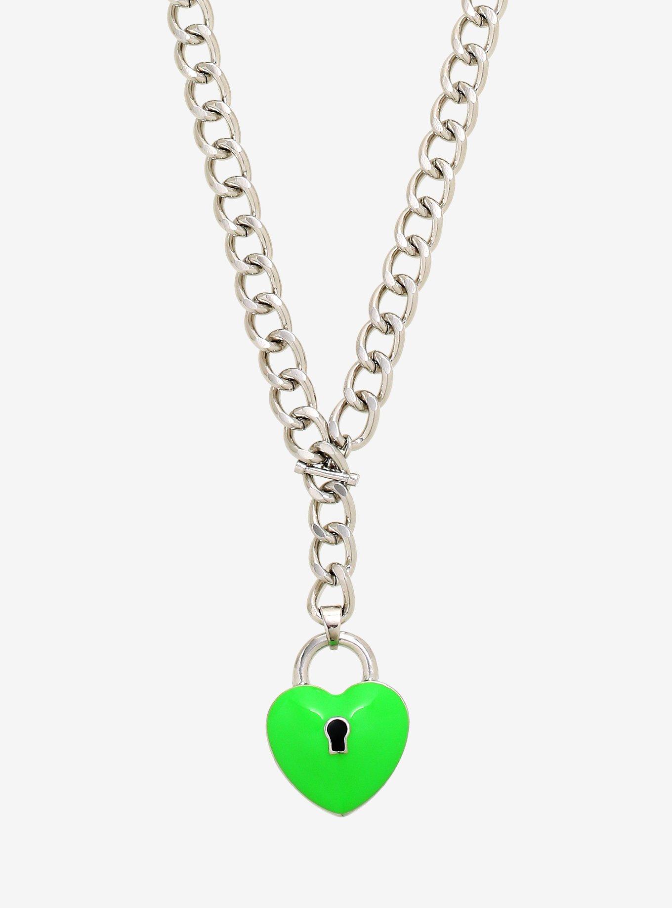 Lime Green Heart Padlock Chain Necklace, , hi-res