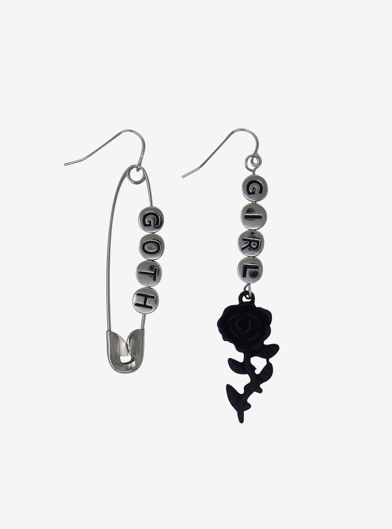 Goth Girl Safety Pin Rose Mismatch Earrings | Hot Topic
