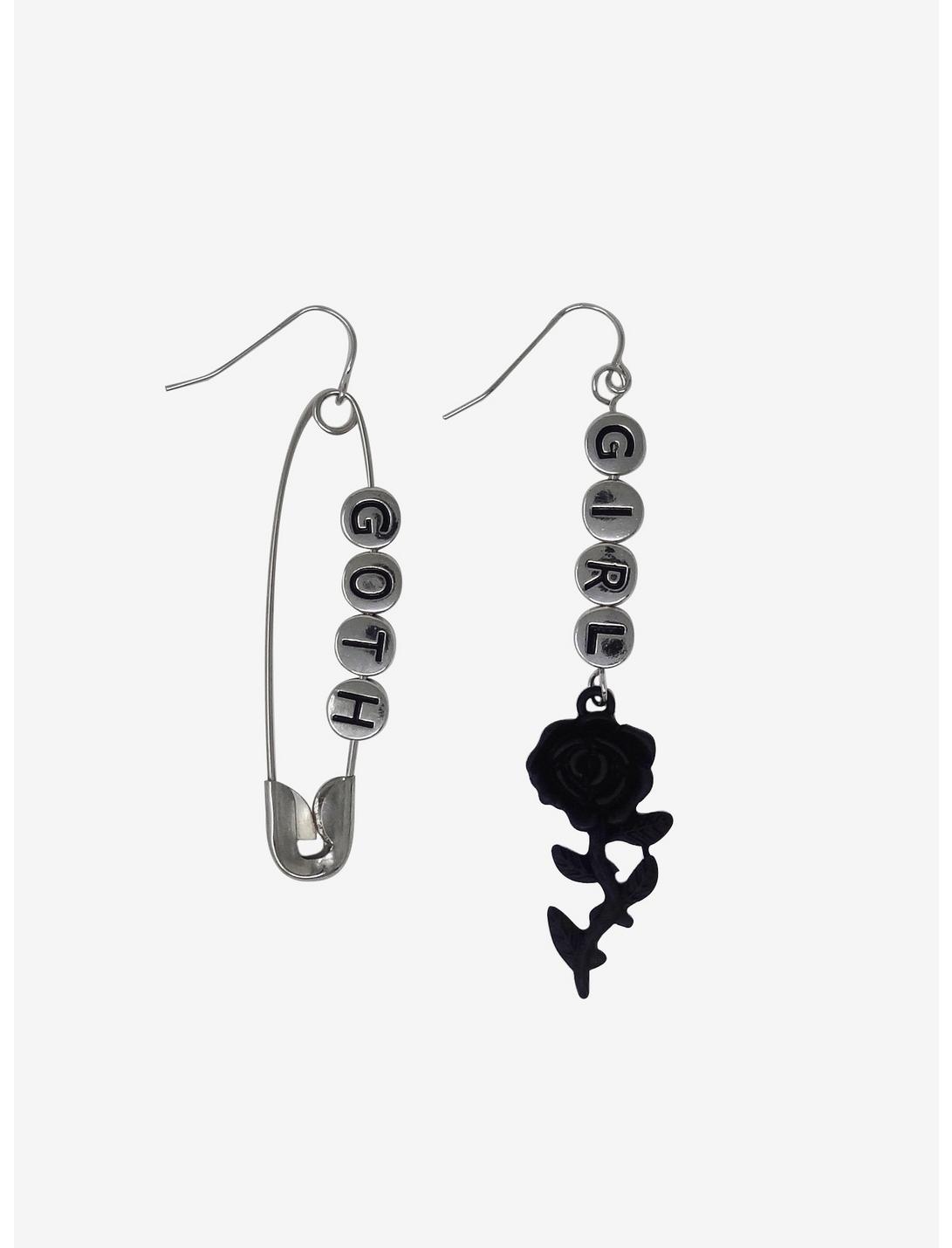 Goth Girl Safety Pin Rose Mismatch Earrings, , hi-res