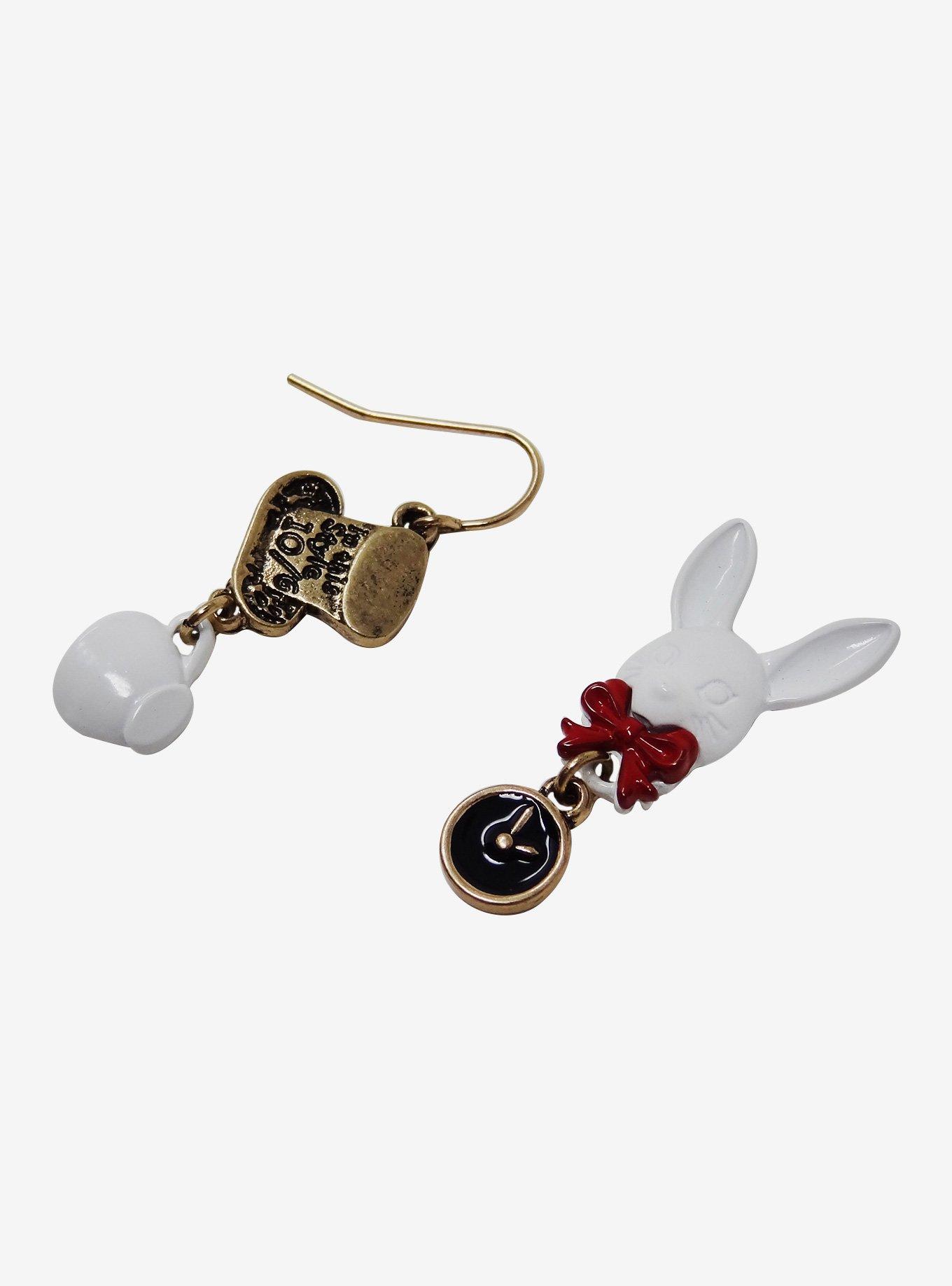 Alice In Wonderland Mad Hatter White Rabbit Mismatch Earrings, , hi-res