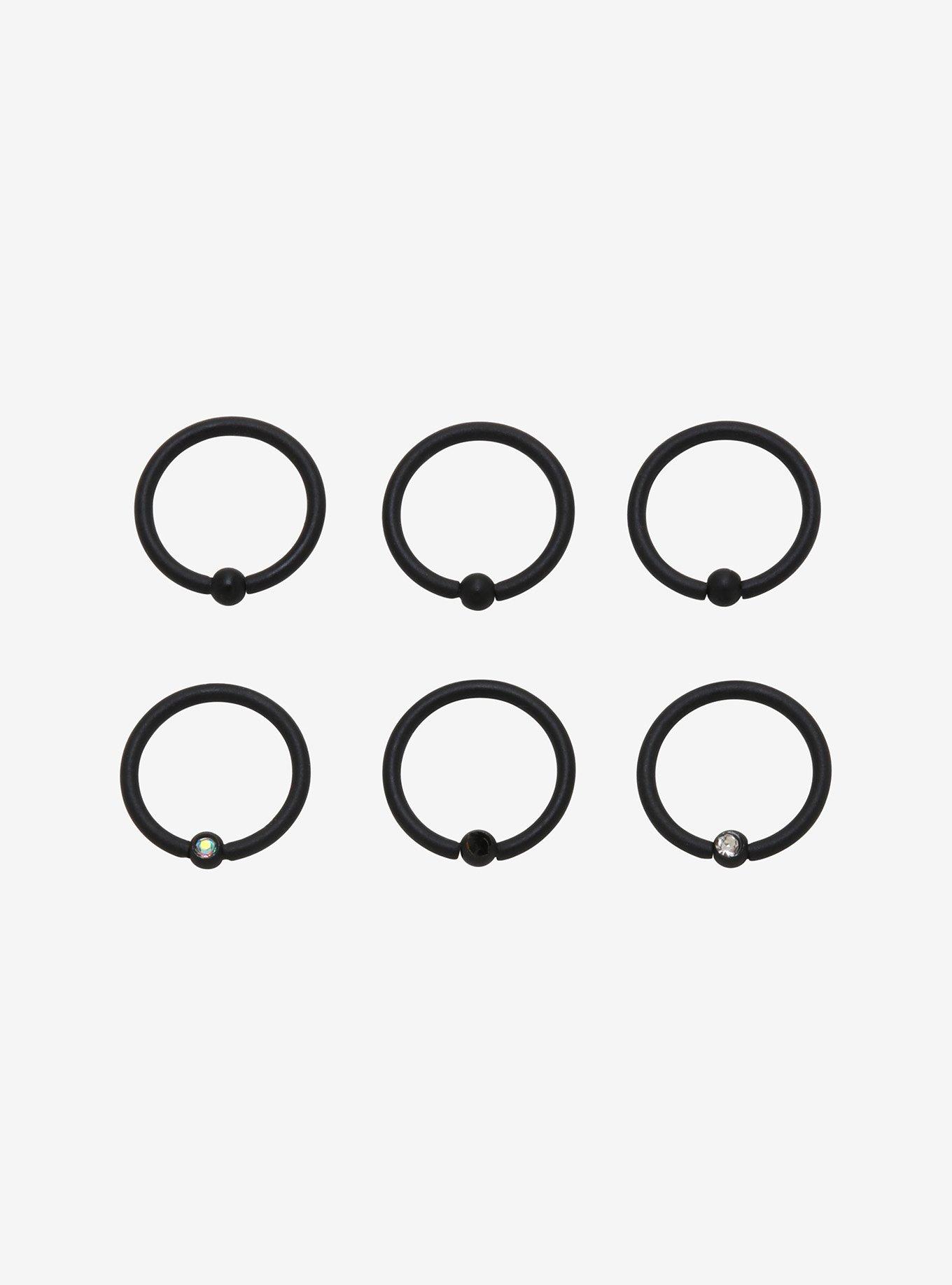 Steel Matte Black Captive Nose Hoop 6 Pack, MULTI, hi-res