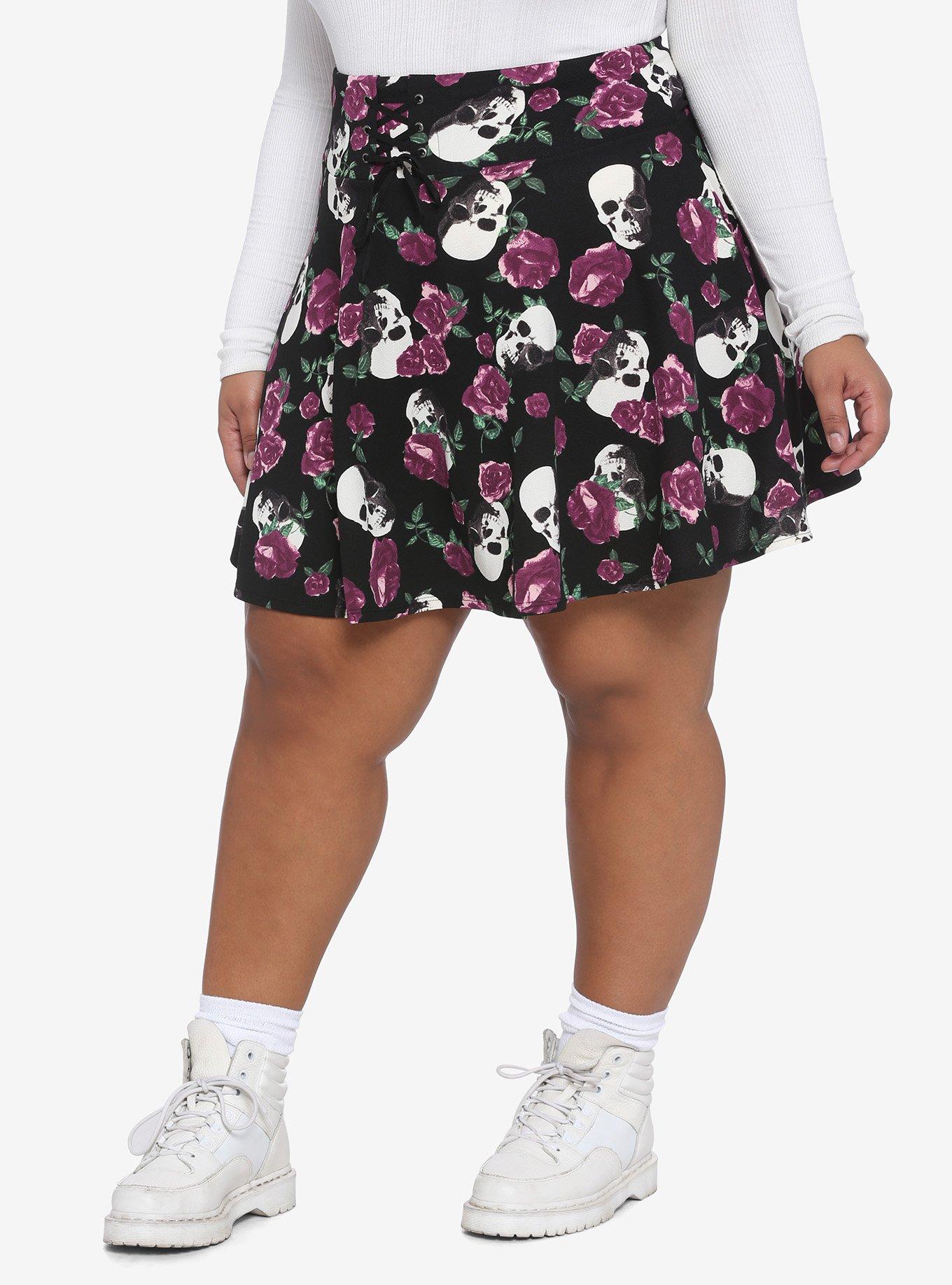 Purple Roses & Skulls Lace-Up Skater Skirt Plus Size, MULTI, hi-res