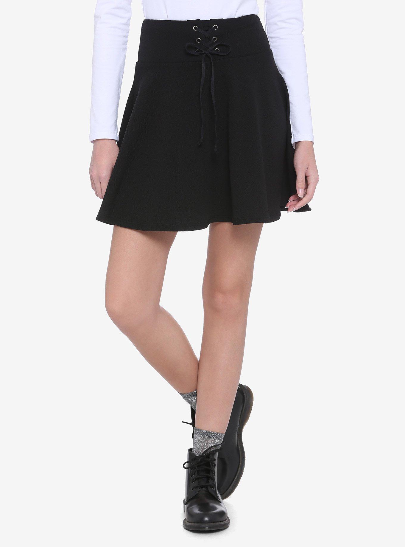 Lace-Up Skater Skirt, BLACK, hi-res