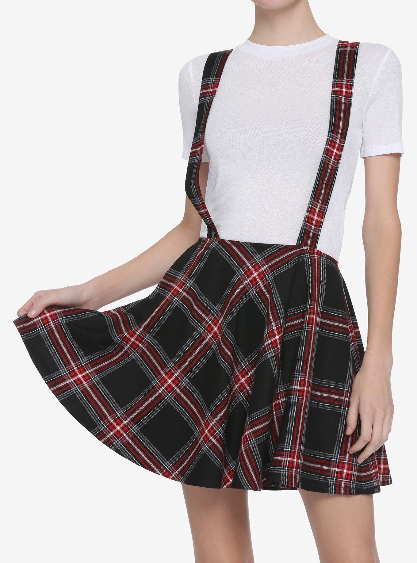 Black & Red Plaid Suspender Skirt, PLAID - RED, hi-res